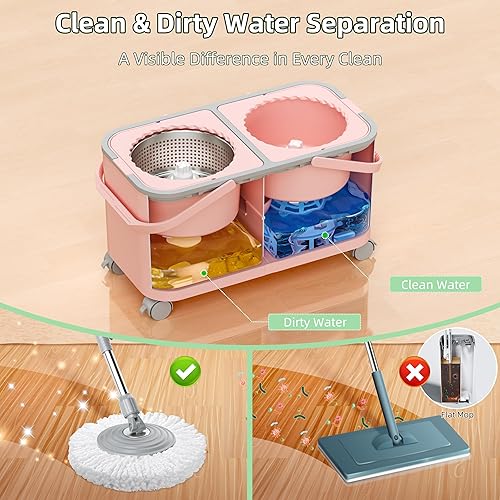 Miniatura 2 de Juego de trapeador giratorio de 360 y cubo, separa el agua limpia y sucia, mopa de piso con 6 cabezales de mopa lavables, fácil de rodar con 4