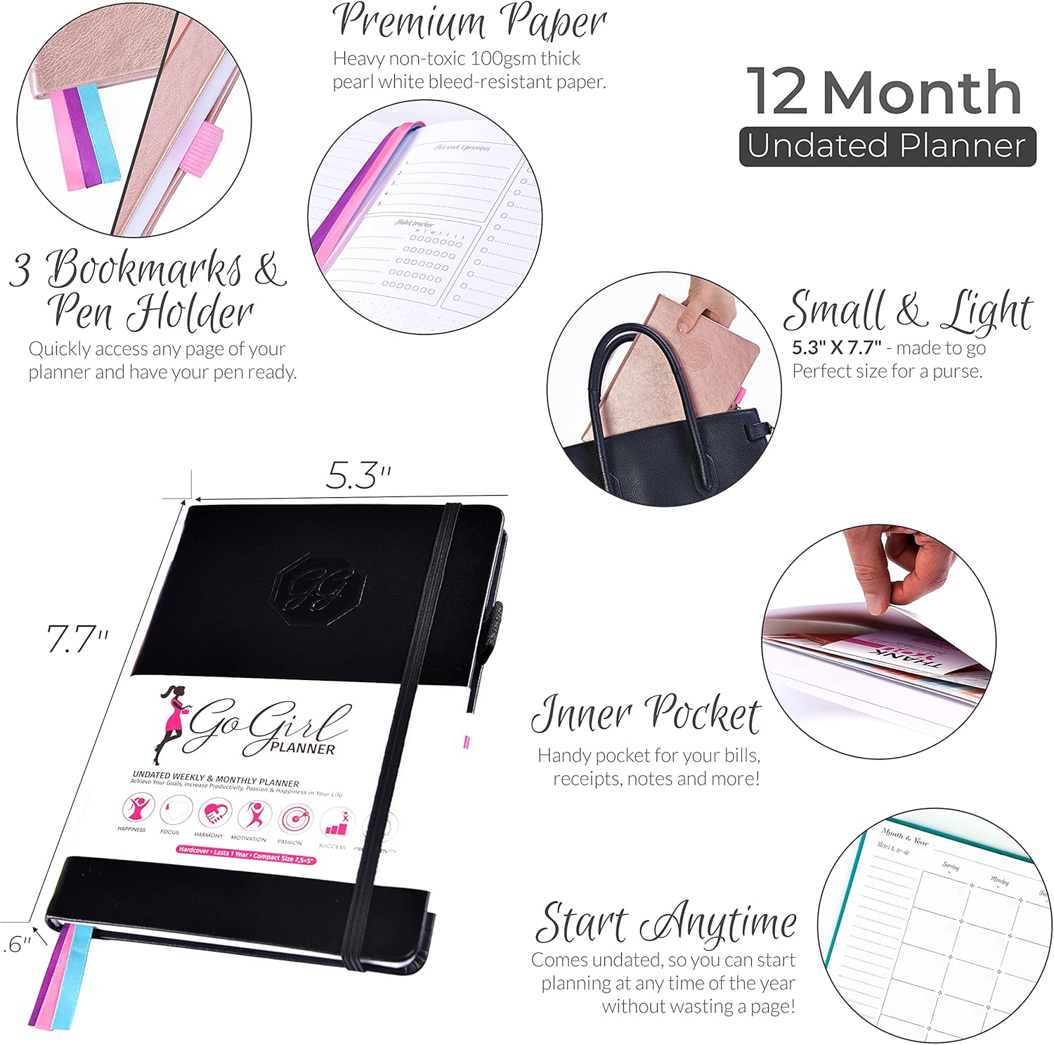 GoGirl Planner and Organizer for Women – Compact Size Weekly Planner, Goals Journal & Agenda to Improve Time Management, Productivity & Live Happier. Undated – Start Anytime, Lasts 1 Year – Black : Office Products