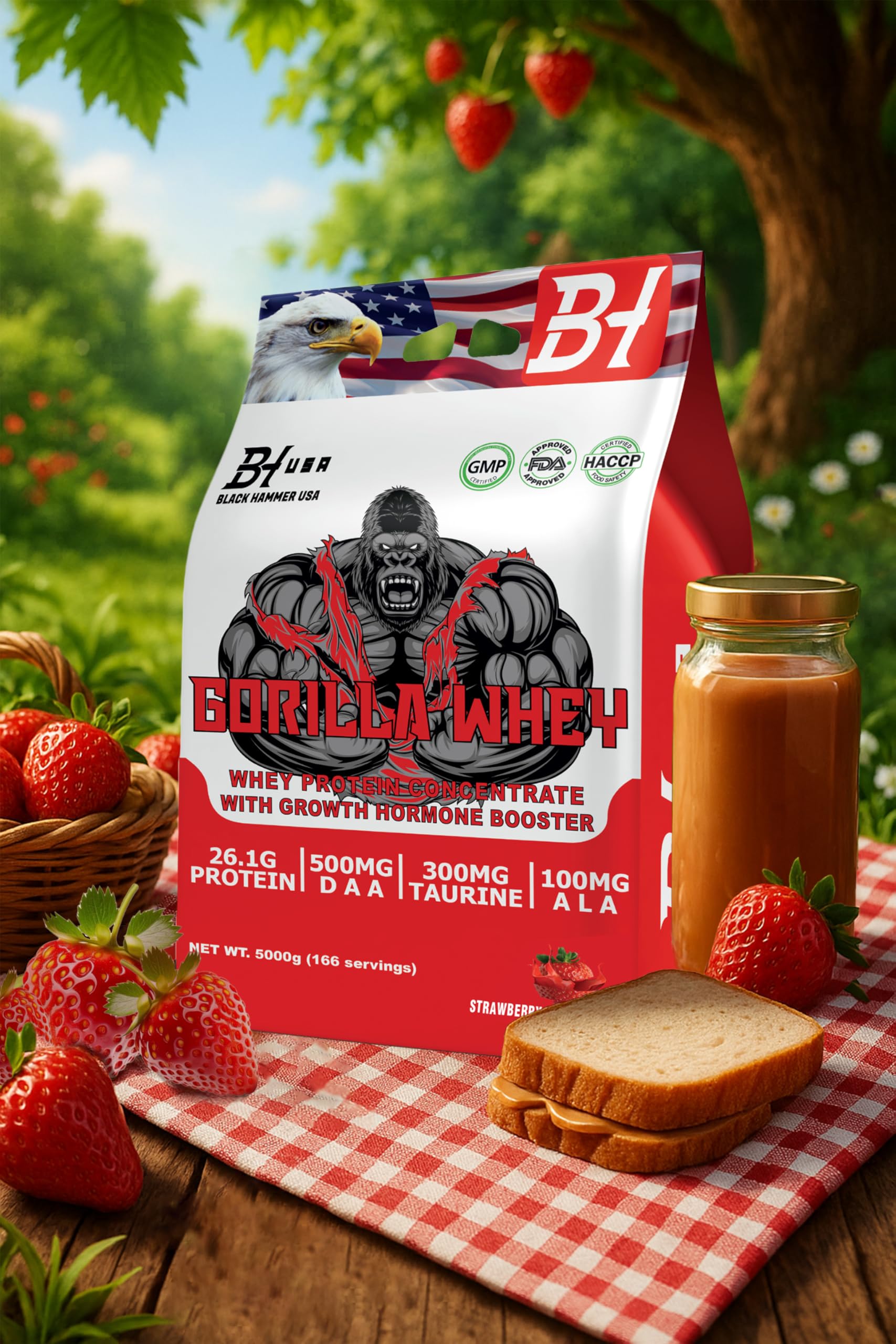 GORILLA Whey Protein 5KG + Free EAAs – Black Hammer USA Protein Powder for Muscle Growth & Recovery (5000g, Erdbeere)