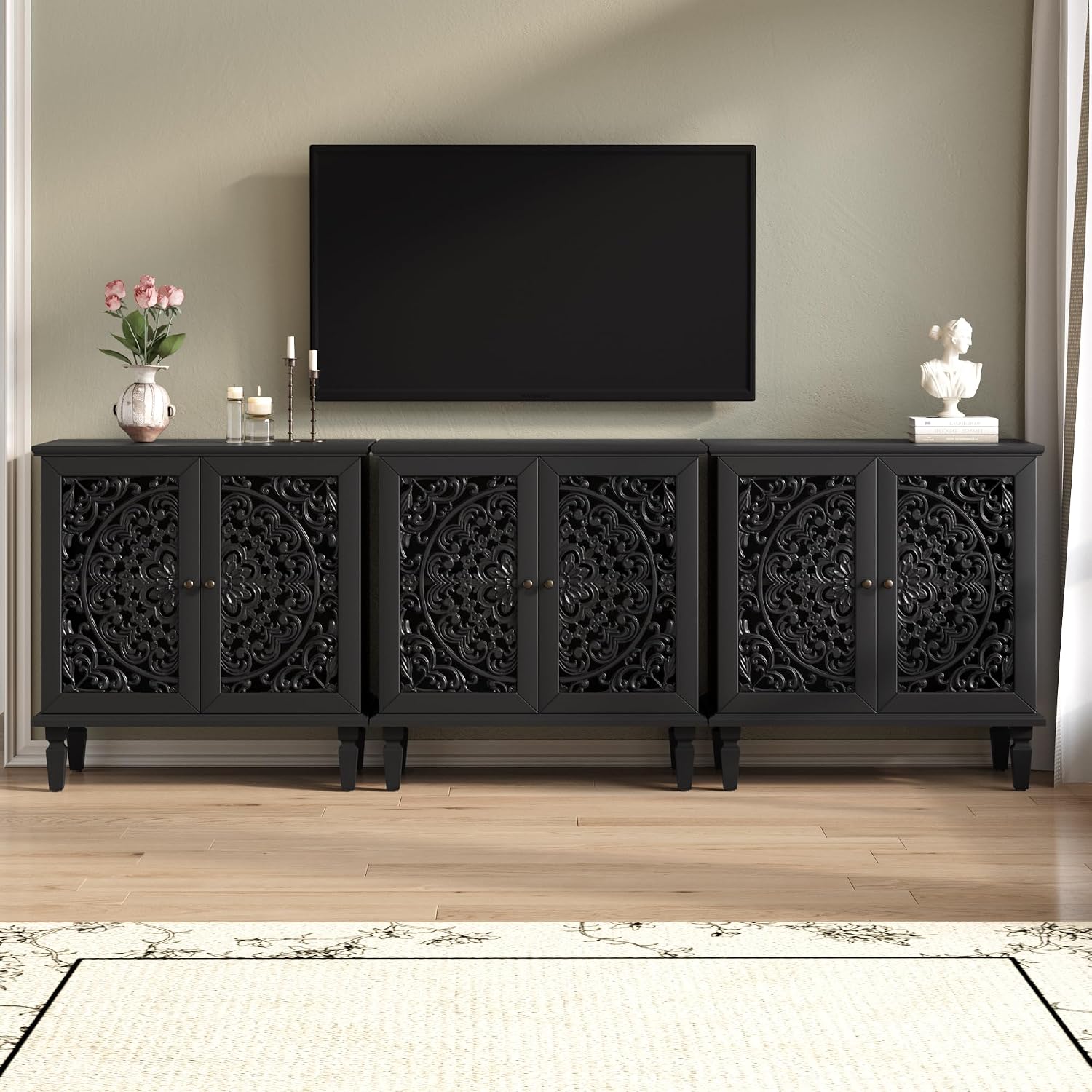 31.5 Inch Vintage Sideboard Buffet Cabinet with Storage, Farmhouse Black Accent Cabinet with Hollow Carved Wood 2 Doors and Adjustable Shelf, Console Tables for Living Room, Hallway, Entryway