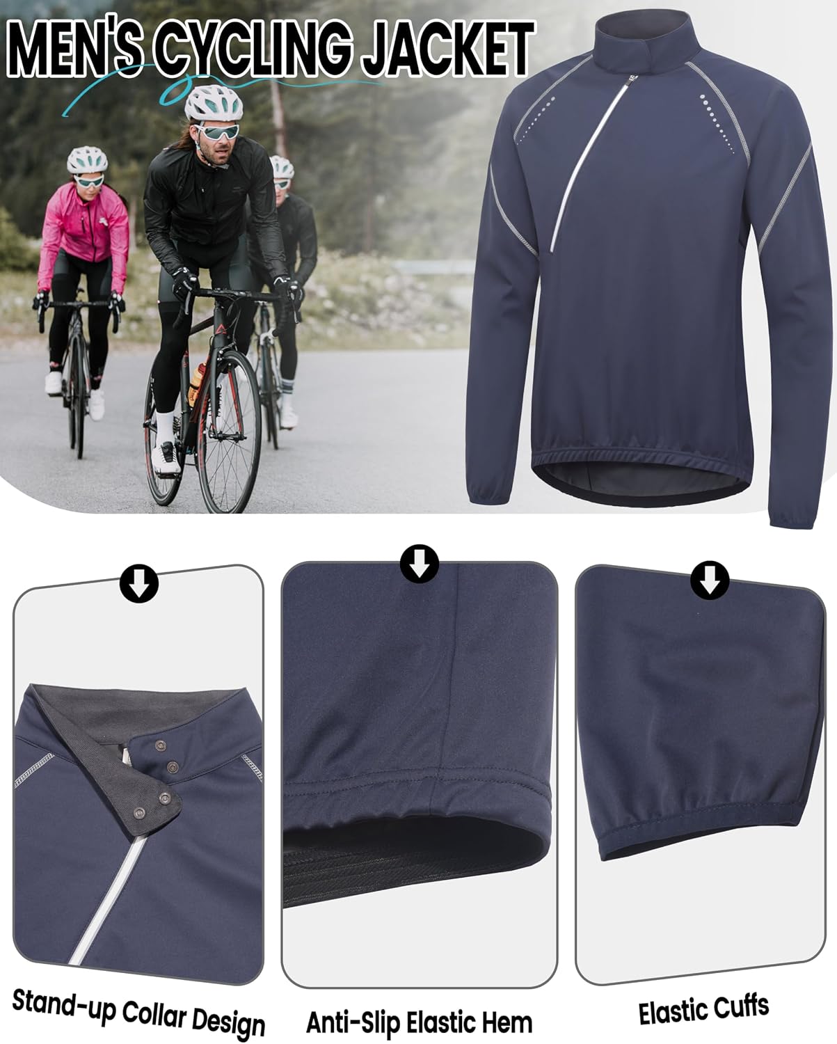 Little Donkey Andy Men's Cycling Jacket Long Sleeve Windproof Lightweight Jacket with Zipper Pocket for Running Biking