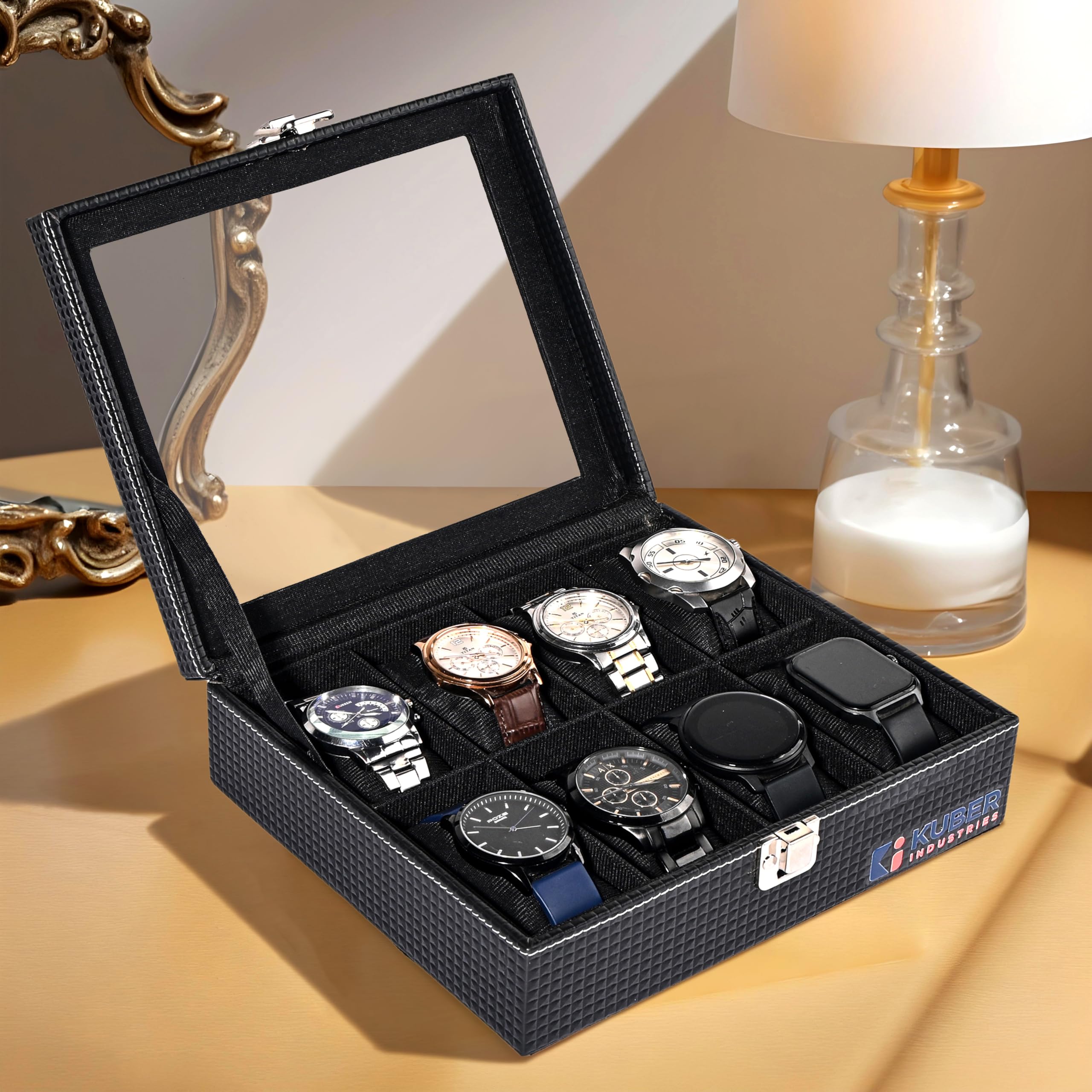 Kuber Industries Scatola organizer per orologi da polso in ecopelle di alta qualità, con 8 scomparti, per uomini e donne, scatola per orologi da collezione, colore: nero