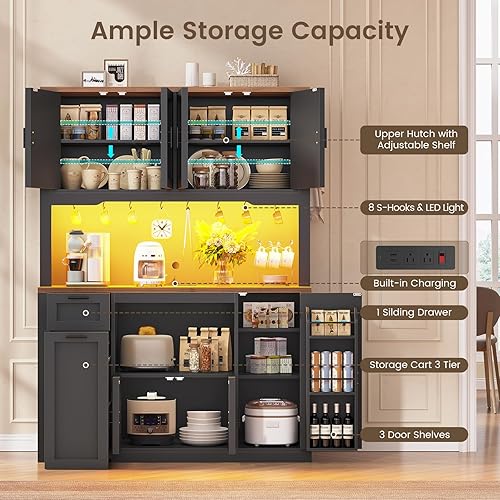 Miniatura 5 de Itaar Armario de despensa de 71 pulgadas con estación de carga y luz LED, armario de despensa de cocina con soporte para microondas, armarios de