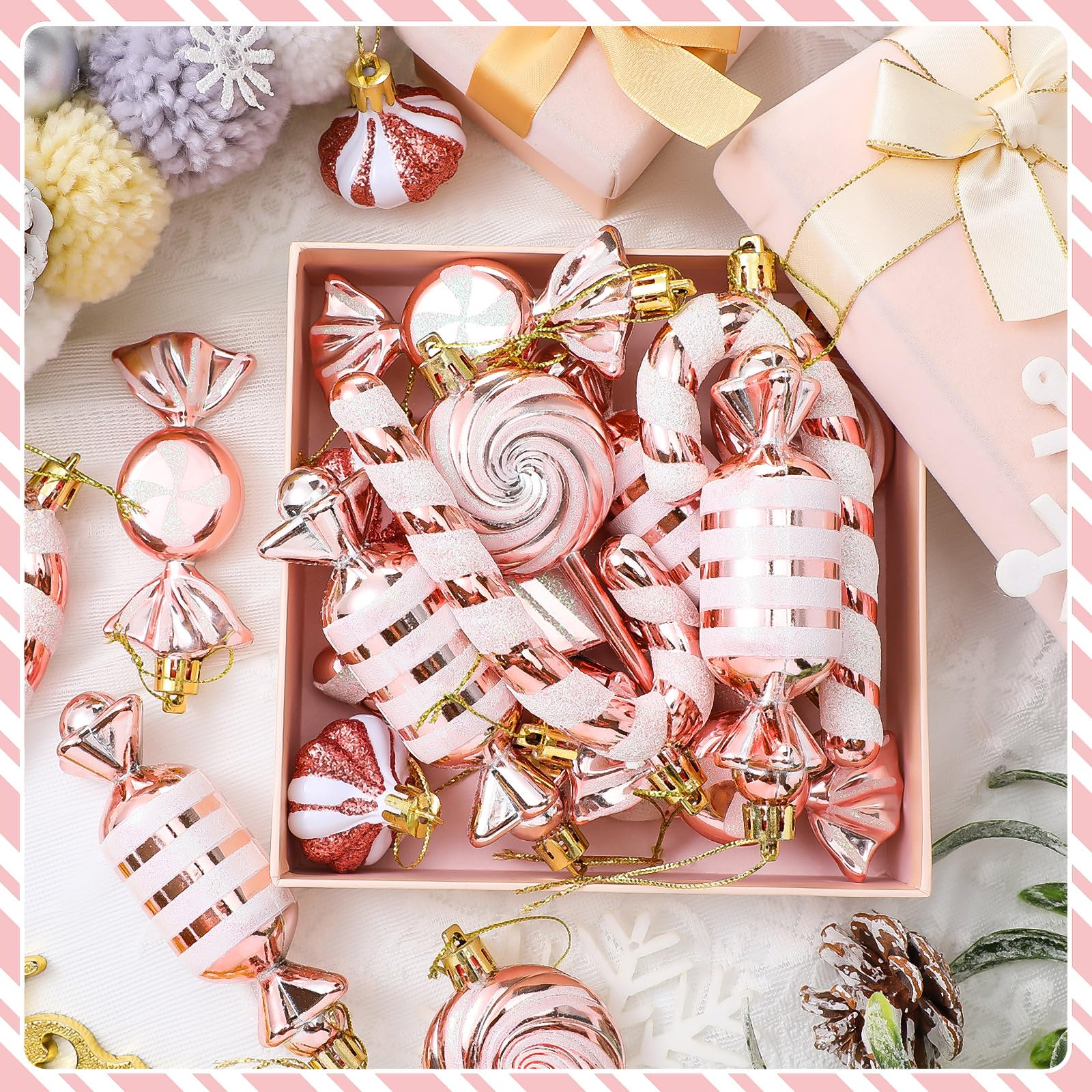 Realspring 30 Stück Weihnachts-Süßigkeiten-Ornamente, Pfefferminz, Zuckerstange, Weihnachtsdekoration, Kunststoff, Lutscher, Weihnachtsdekoration, hängende Ornamente mit Seil für Weihnachten, Urlaub,