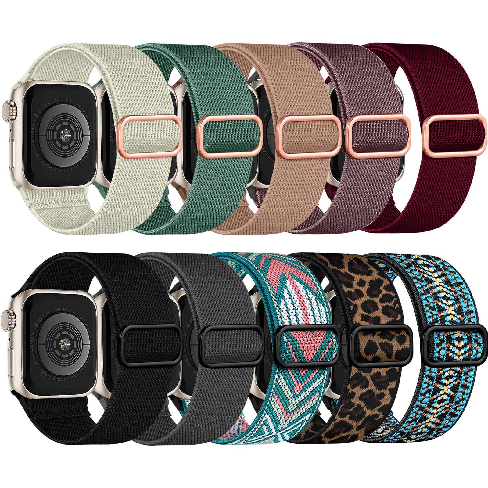 Chinbersky 10 Stück Elastische Nylon Loop Armband Kompatibel mit Apple Watch Armband 49mm 45mm 44mm 42mm 46mm,Stoff Verstellbares Dehnbare Ersatzband für iWatch Ultra Series 11/10/9/8/7/6/5/4/3/2/1/SE