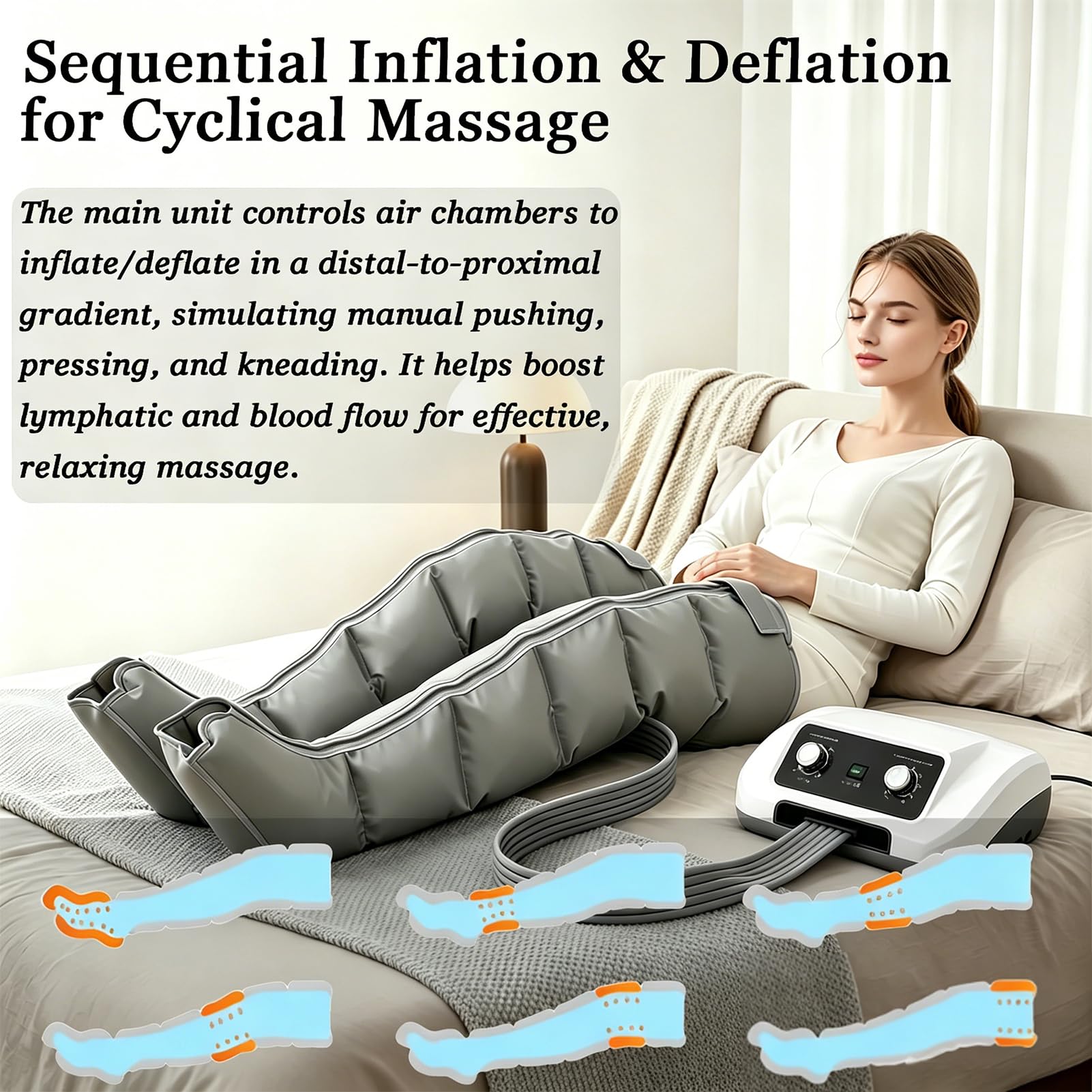 Botas Presoterapia en Casa para Piernas Brazos y Abdomen, Máquina de Presoterapia para Casa– Presión Regulable 0-240 mmHg y Timer 0-30 min, Mejora Circulación, Relaja Músculos