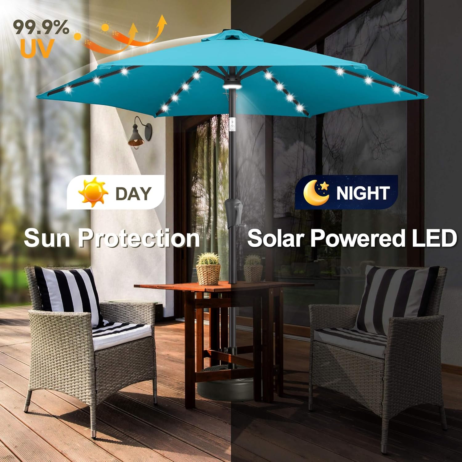 FLAME&SHADE 7.5ft Patio Umbrella with Cover Set, Outdoor Umbrella with LED Lights, Patio Umbrella Cover for 7.5 ft 9 ft 10 ft 11 ft (Beige)