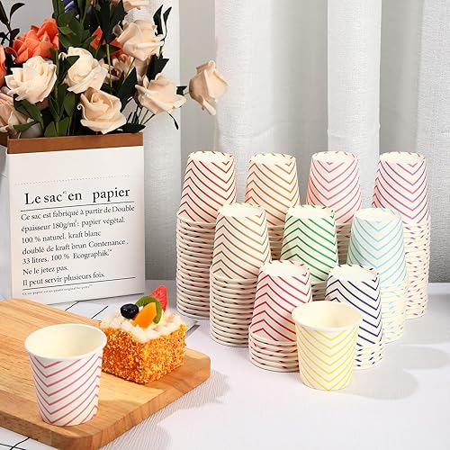 Miniatura 5 de Tanlade Paquete de 1000 vasos de papel multicolor de 5 onzas a rayas para enjuague bucal para fiestas, picnics, barbacoas, viajes y eventos, 10