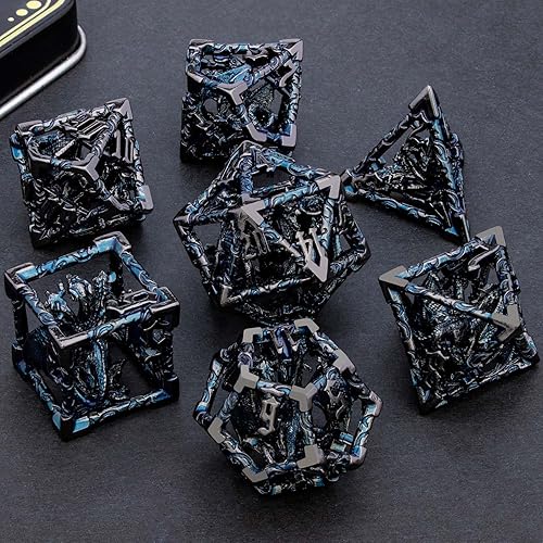 Miniatura 6 de ARUOHHA Juego de dados huecos para DND, dados D y D de metal negro y azul con caja de regalo, juegos de rol de Calabozos y Dragones, 7 piezas de