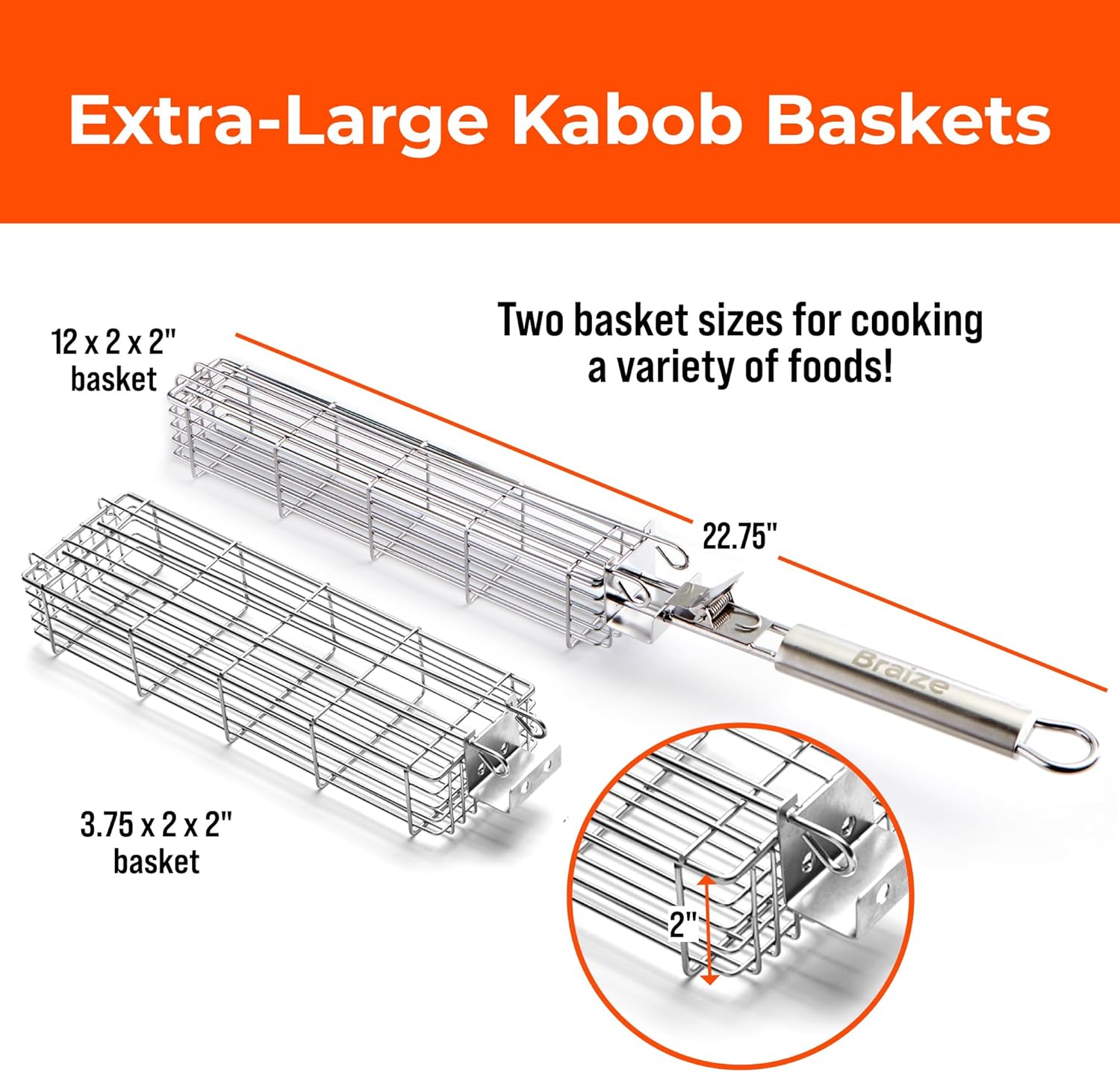 Large Kabob Grilling Basket with Removable Handle. Stainless Steel construction with a Larger Capacity (12 x 2 x 2) and secure easy latch lid. (3-Piece Set – Bag & Sponges Included)