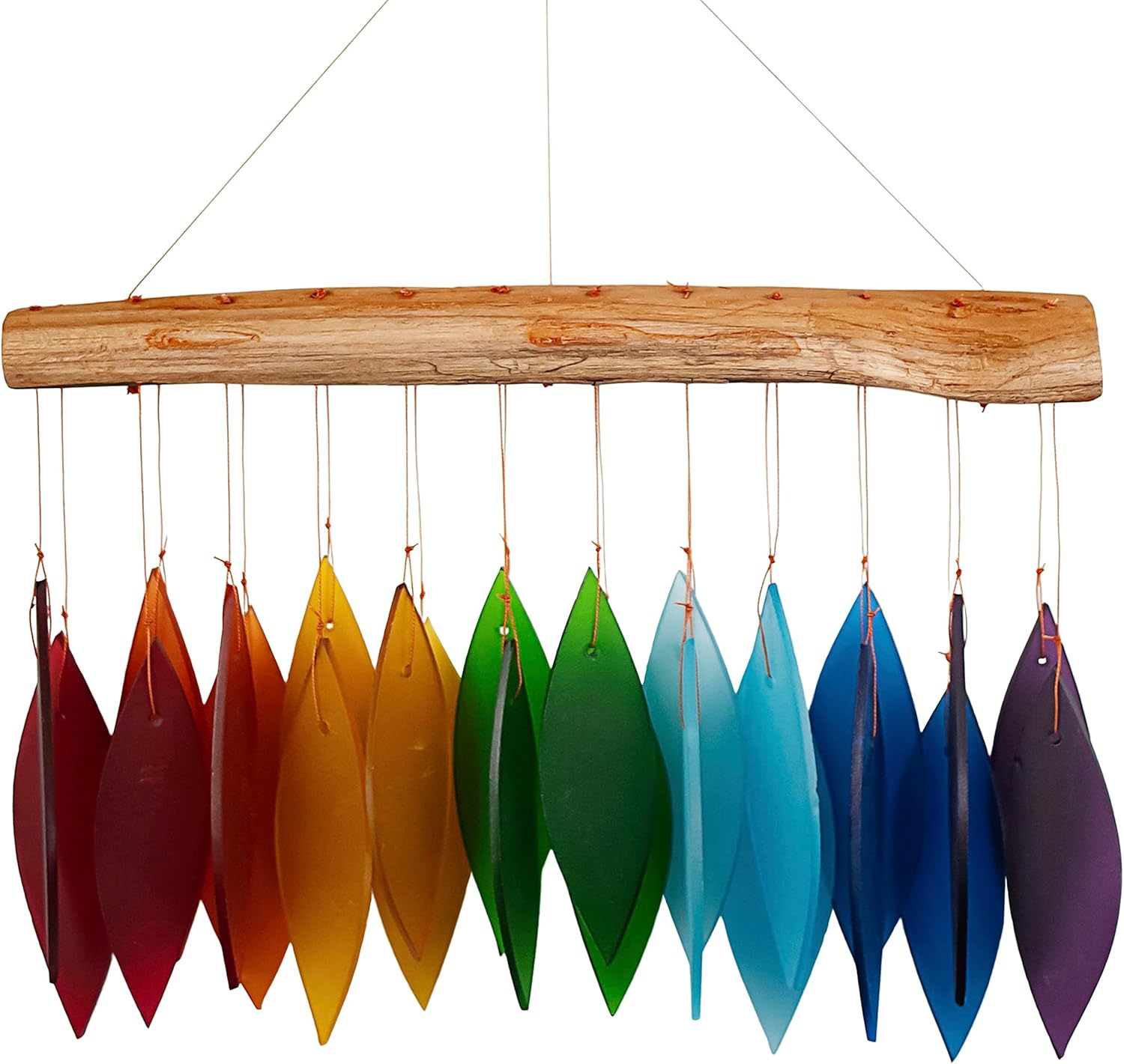 Blue Handworks Rainbow Glass Chime, Sandblasted Glass and Found Wood Handcrafted Wind Chime