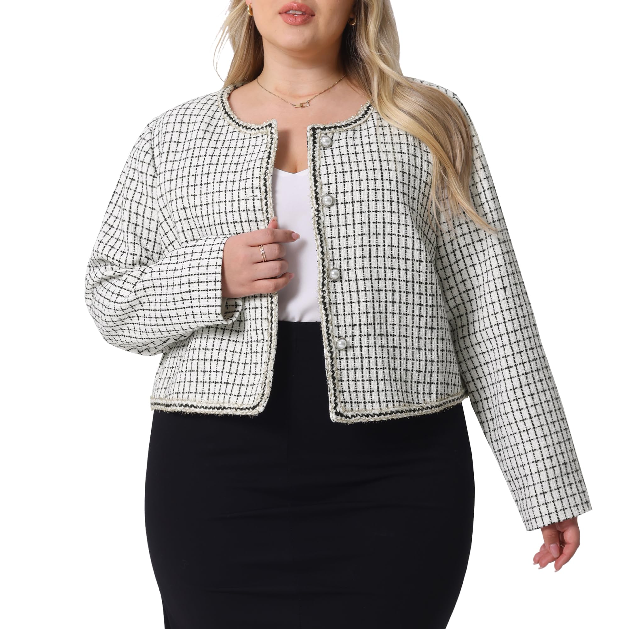 Agnes Orinda Plus Size Plaid Tweed Blazer for Women Collarless Long Sleeve Open Front Work Short Jacket
