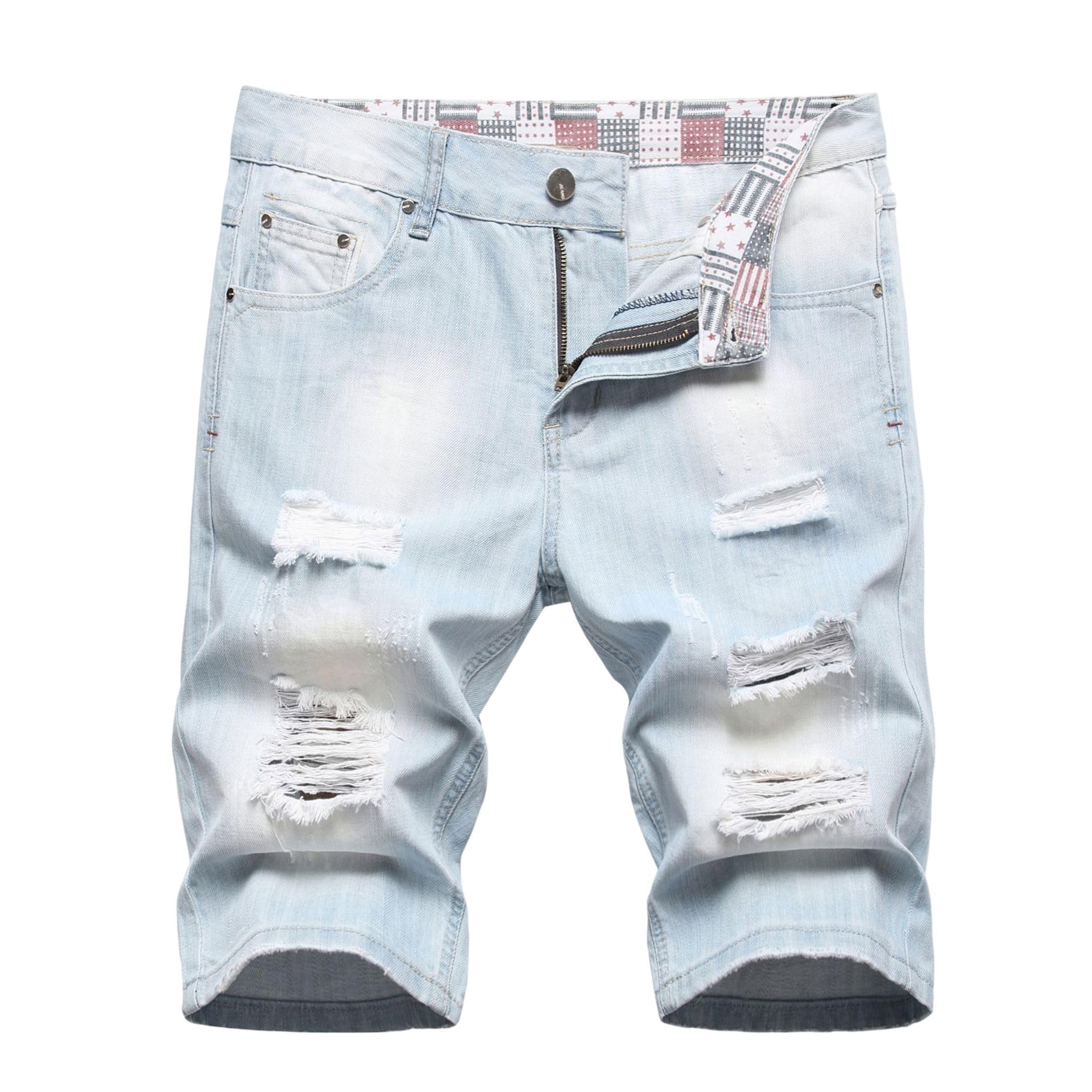 Pantalones cortos de mezclilla ligeros para hombre, ajuste recto, no elásticos, hasta la rodilla, pantalones cortos casuales