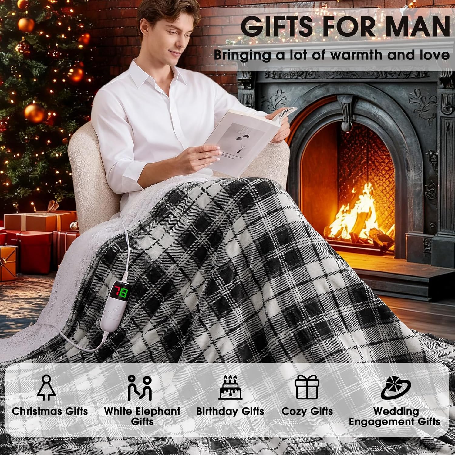 Black Heated Blanket Electric Throw, 50X60 Heating Throw with 10 Heats Levels & 8 Hours Auto Off, Plaid Soft Sherpa Blankets Warmer Gifts for Men Dad Boys Home Decor for Living Room Bedroom Office - Image 5