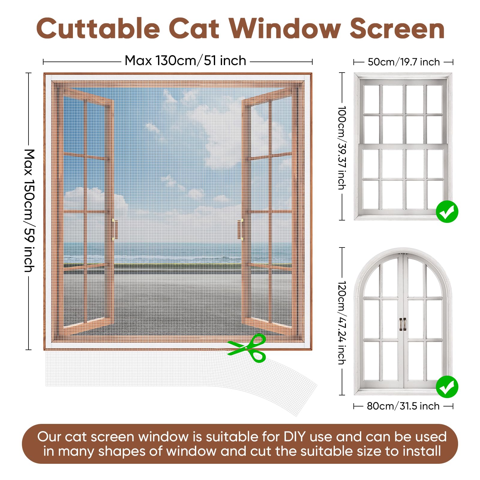 MYPIN Einstellbare Katzenschutz Fenster Netz Mit Selbstklebeband, DIY Größe, Katzennetz Balkon Fenster Transparent Netzgitter, Fliegengitter, Max. 130x150 cm, mit Lineal/Messer/Hefter (Weiß）