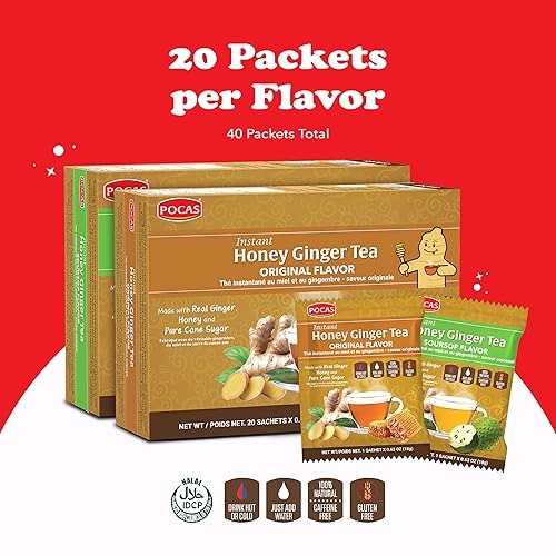 Miniatura 32 de Pocas Honey Ginger - Té instantáneo en polvo, variedad original y fecha, paquete de 2, extracto de jengibre y miel real, té sin cafeína, 20 paquetes