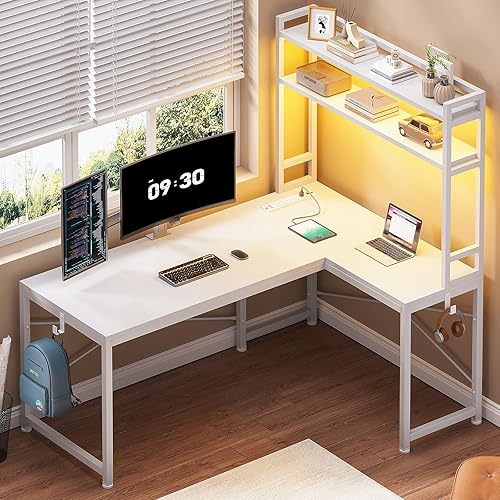 SEDETA White Corner Desk, Reversible 45.3” Small Computer Desk with Power Outlet and LED Lights, Corner Computer Desk with Hutch, Storage Shelves and Hooks for Small Space - White