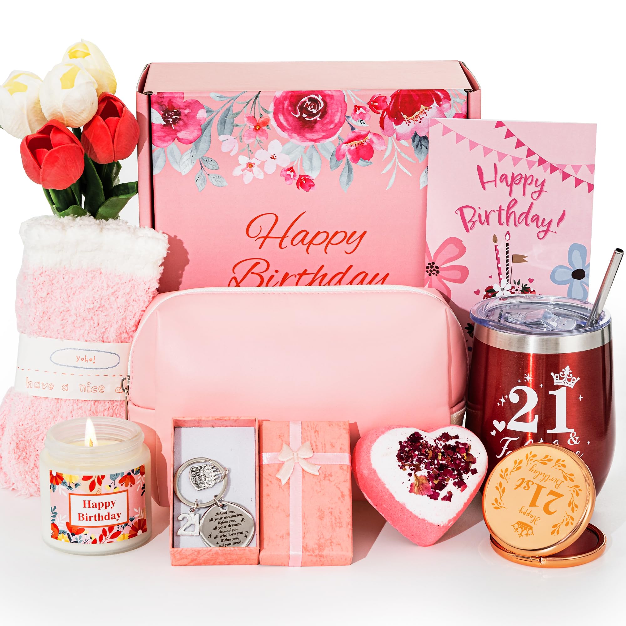 21st Birthday Gifts for Her,Turning 21 Year Old Unique Happy Birthday Gift Baskets for Women,Relaxation Spa Bath Tumbler Gift Set, Funny 21 Gifts