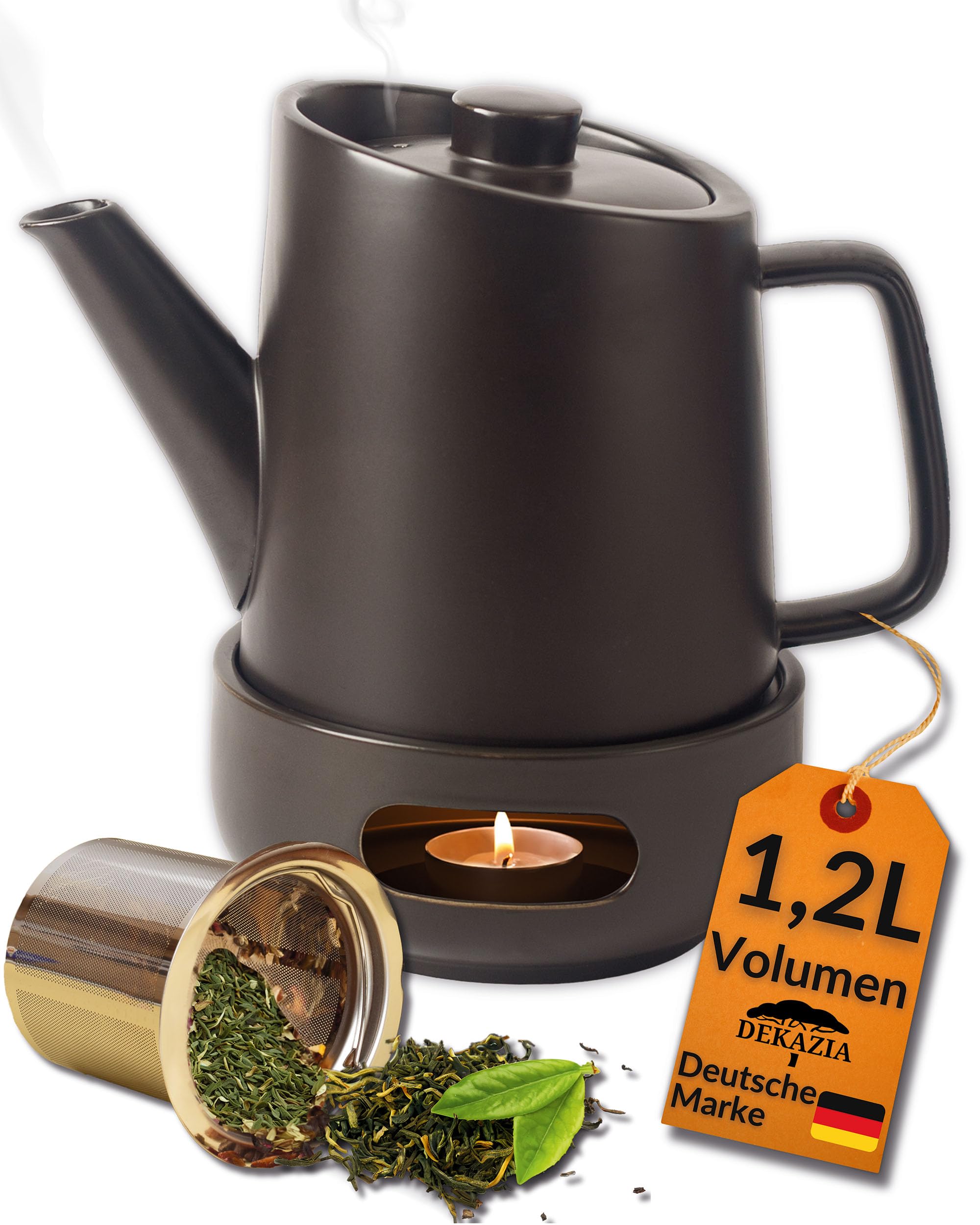 DEKAZIA® Keramik Teekanne mit Siebeinsatz und Stövchen Set - Großer Teapot für losen Tee, 1,2L Porzellan Kanne mit Edelstahl Filter und Teelicht Wärmer Schwarz Steingut