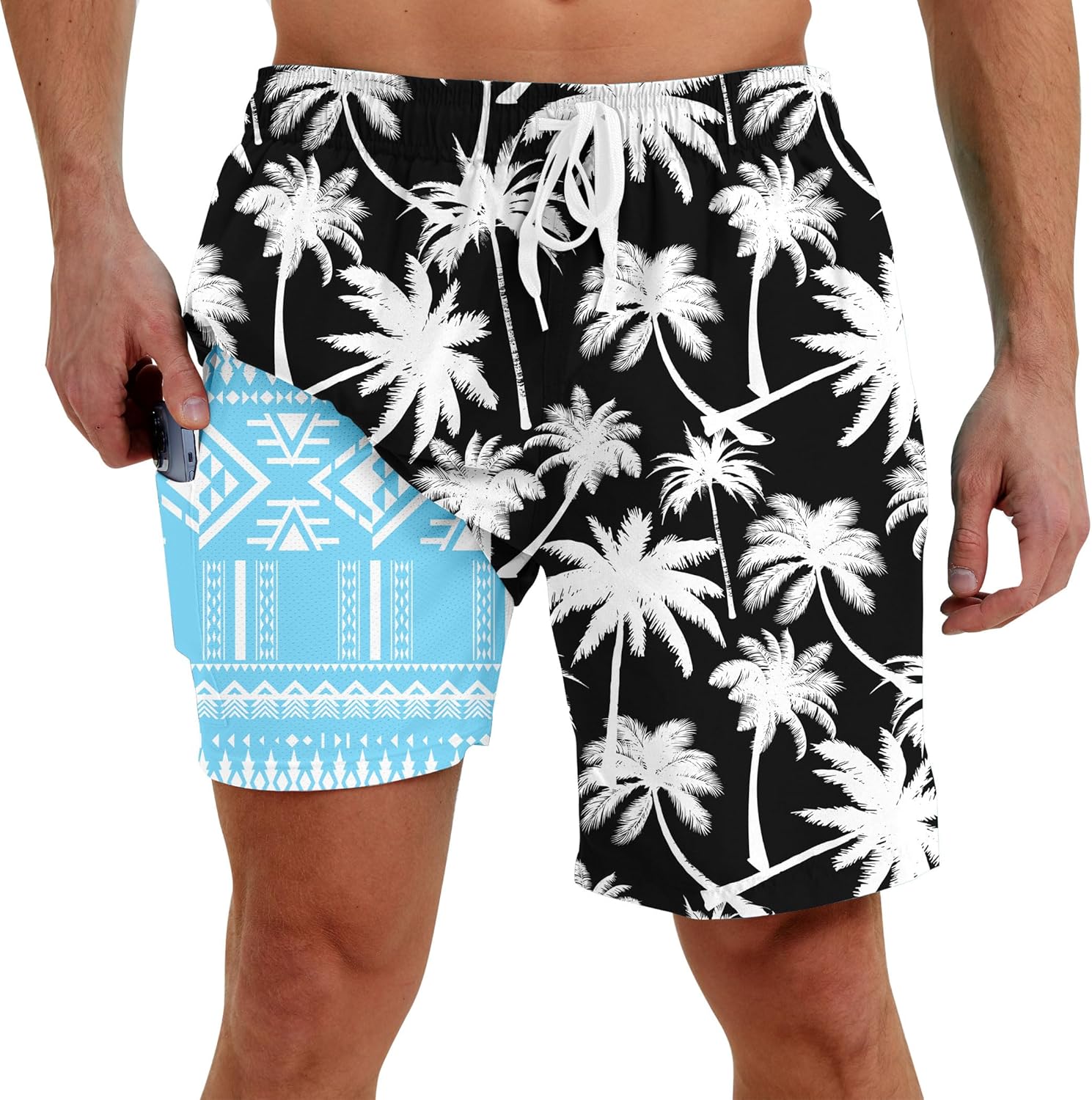 westwolf Men Swim Trunks with Compression Liner Men's 2 in 1 Bathing Suits 7 Inch Hawaiian Board Shorts
