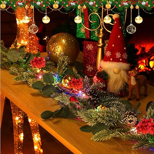 Miniatura 4 de Hotop Guirnalda de Navidad de 6.3 pies con 50 luces LED de colores, guirnalda de pino nevado artificial con piñas de pino y bayas para Navidad,