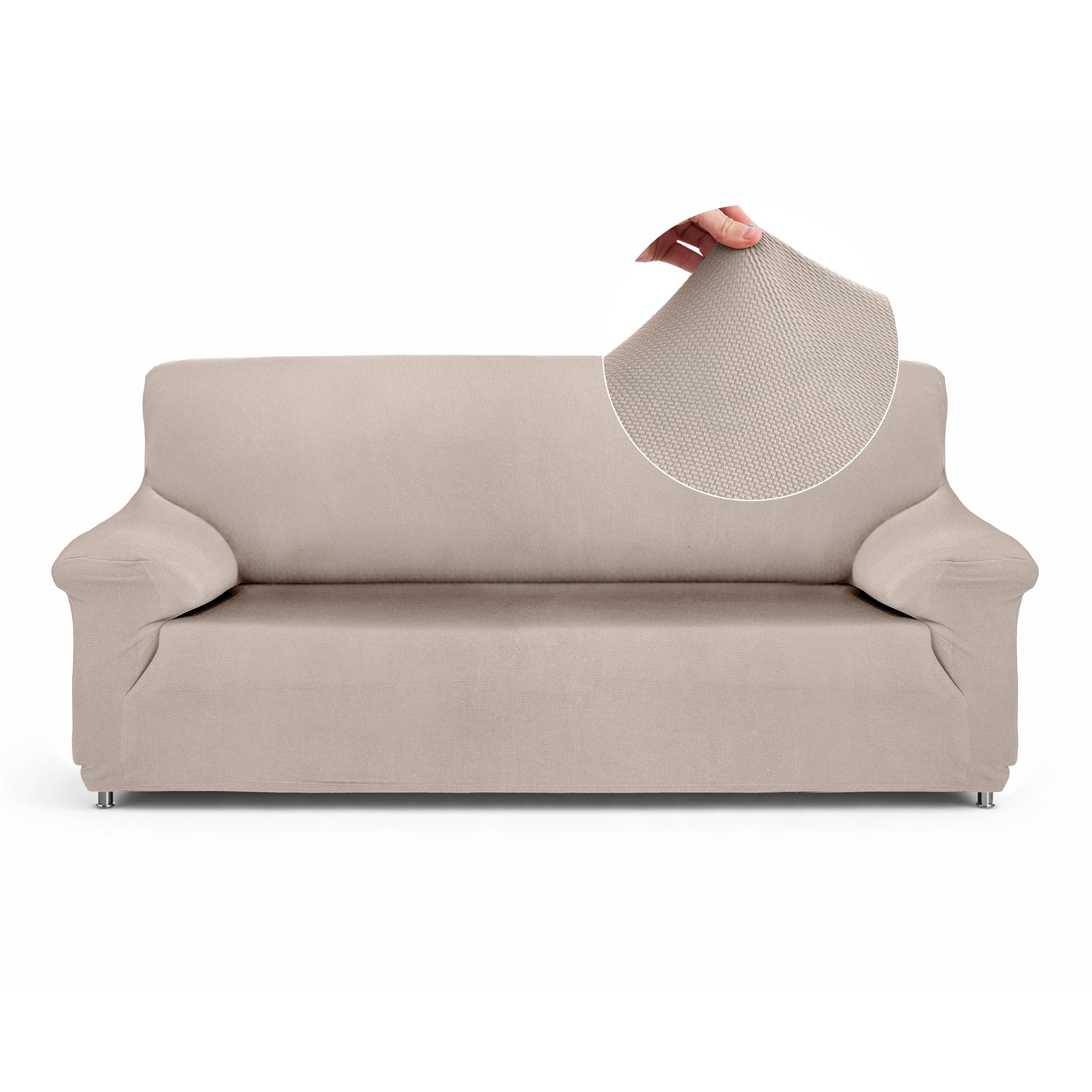 Textilhome Funda de Sofá Elástica Ajustable TEIDE, 3 Plazas (180-240 cm), Cubre Sofá Protector Universal con Espuma Antideslizante, Color Marfil - Protección y Ajuste OEKO-TEX STANDARD 100