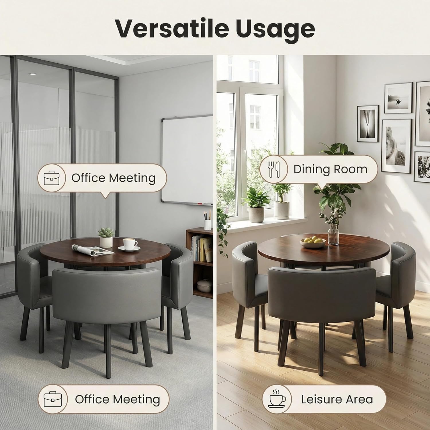 Round Dining Table Set for 4,Office Reception Room Conference Table Chairs,Space-Saving Coffee Kitchen Furniture,for Dinner for Home/Garden/Restauran (Marble White)