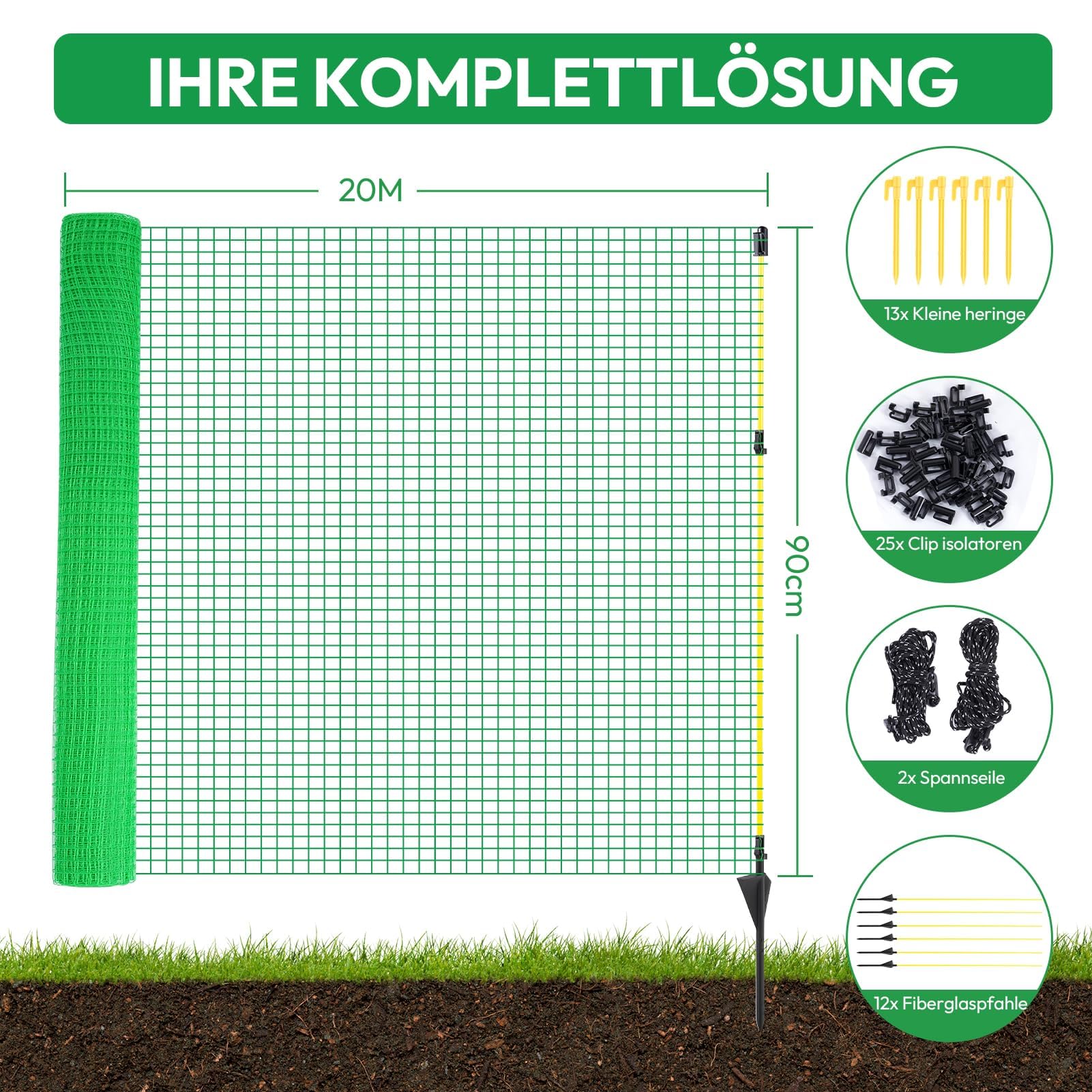 Filet à poule et clôture amovible en nylon vert – 90 cm x 20 m, 12 piquets – Grillage souple pour chien, poule, volaille et potager – Idéale pour le jardin, l'extérieur et le camping.