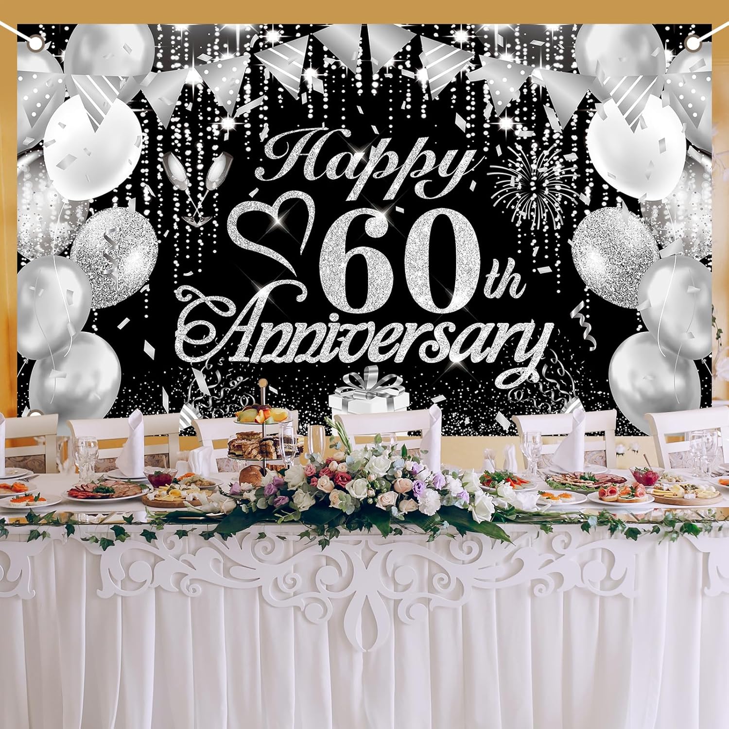 60th Anniversary Decorations Banner Black Silver 60th Diamond Wedding Anniversary Banner for Diamond Wedding Party Decorations 72.8x43.3'' - Image 2