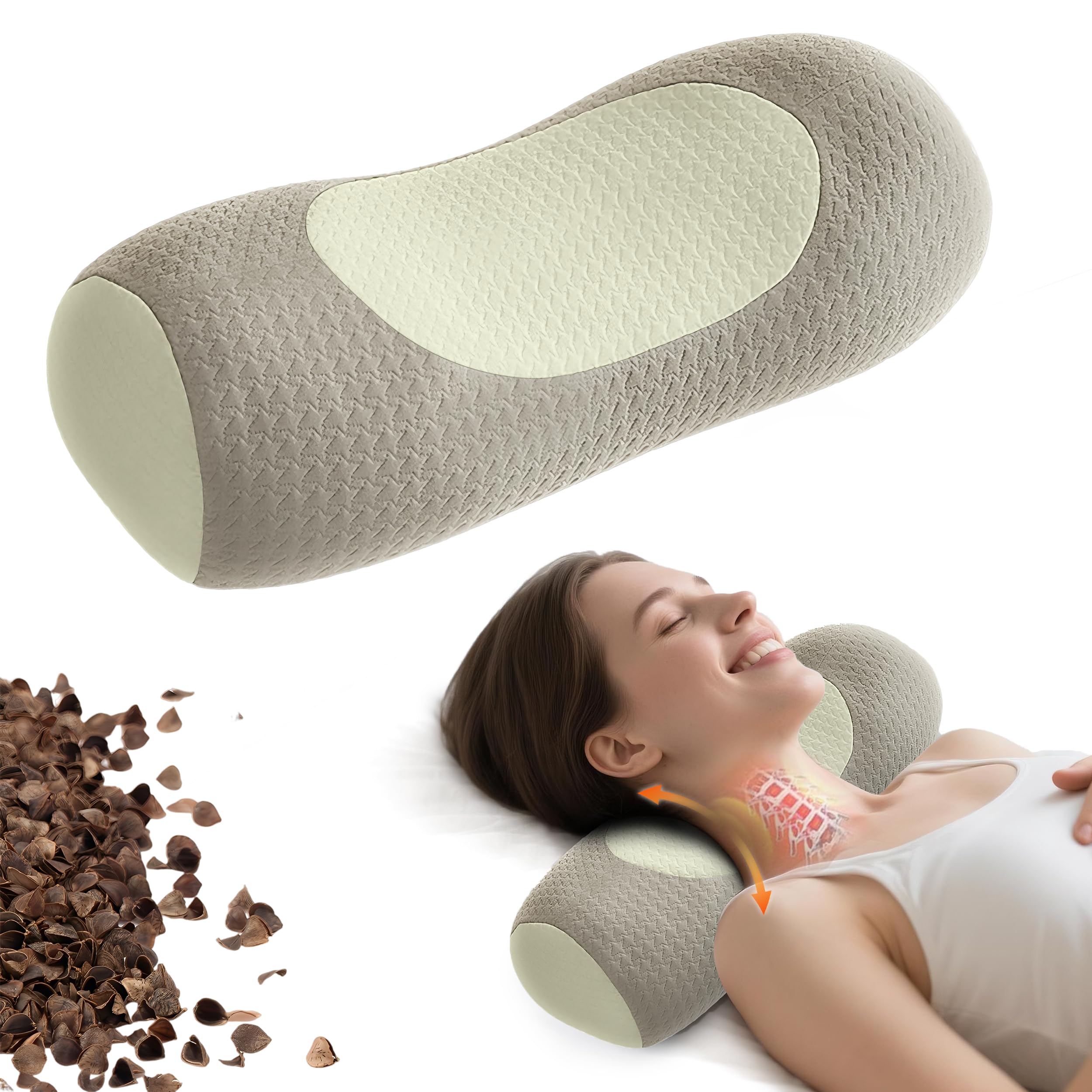 Photo 1 of Qirelle Organic Buckwheat Cervical Neck Pillow, Adjustable Neck Roll for Sleeping, Ergonomic Neck Support Bolster for Side & Back Sleepers, Firm Support Pillow for Neck Pain Relief & Spine Alignment