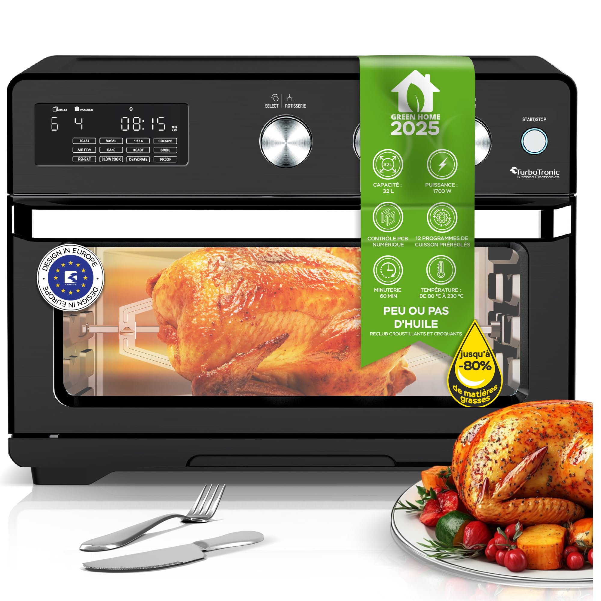 TurboTronic Horno de Aire Caliente XXL 32L con Spiedo Giratorio, 5 en 1: Horno, Deshidratador, Freidora sin Aceite, desde 25°C, Potencia 1700W