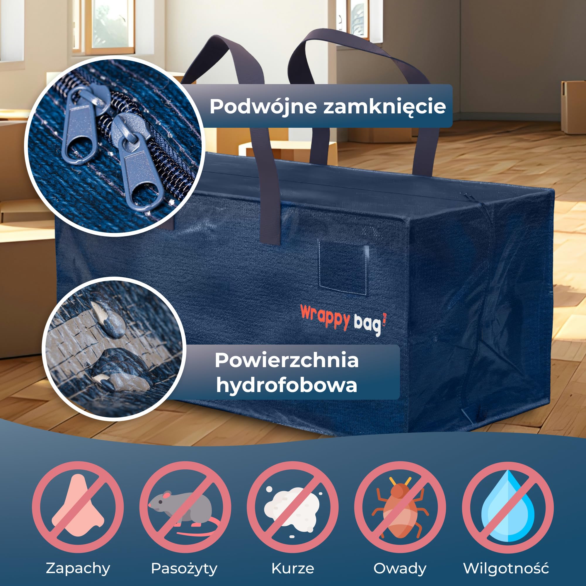WRAPPYBAG Zestaw 6 Dużych Toreb do Przechowywania w Formie Plecaka – Torby Jumbo XXL – Przeprowadzka Podróż – Solidne, Grube Wodoodporne Wzmocnionymi Uchwytami – Na Odzież, Pościel – 76 x 36 x 38 cm