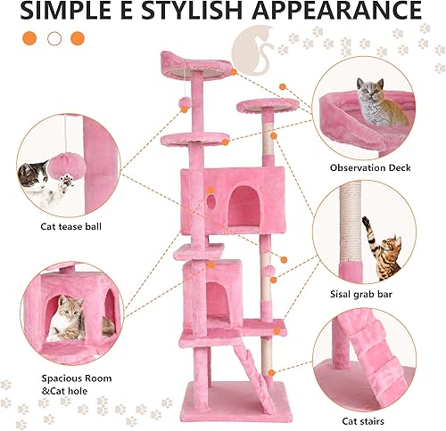 Miniatura 6 de BestPet  Torre de árbol para gatos de 70 pulgadas  Rosa  Robusto, fácil de montar, centro de actividades de varios niveles con postes rascadores de