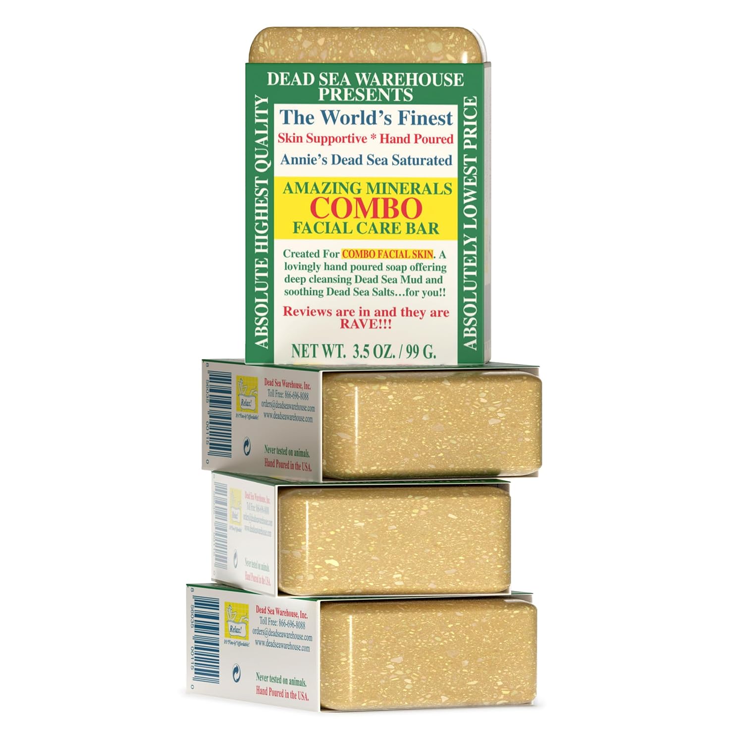 Dead Sea Warehouse - Dead Sea COMBO Facial Care Bar - Face Soap for Women and Men - Clarifying Dead Sea Mud & Salt Soap for Combination Skin, Handmade & Unscented, 3.5 oz - 4 Pack