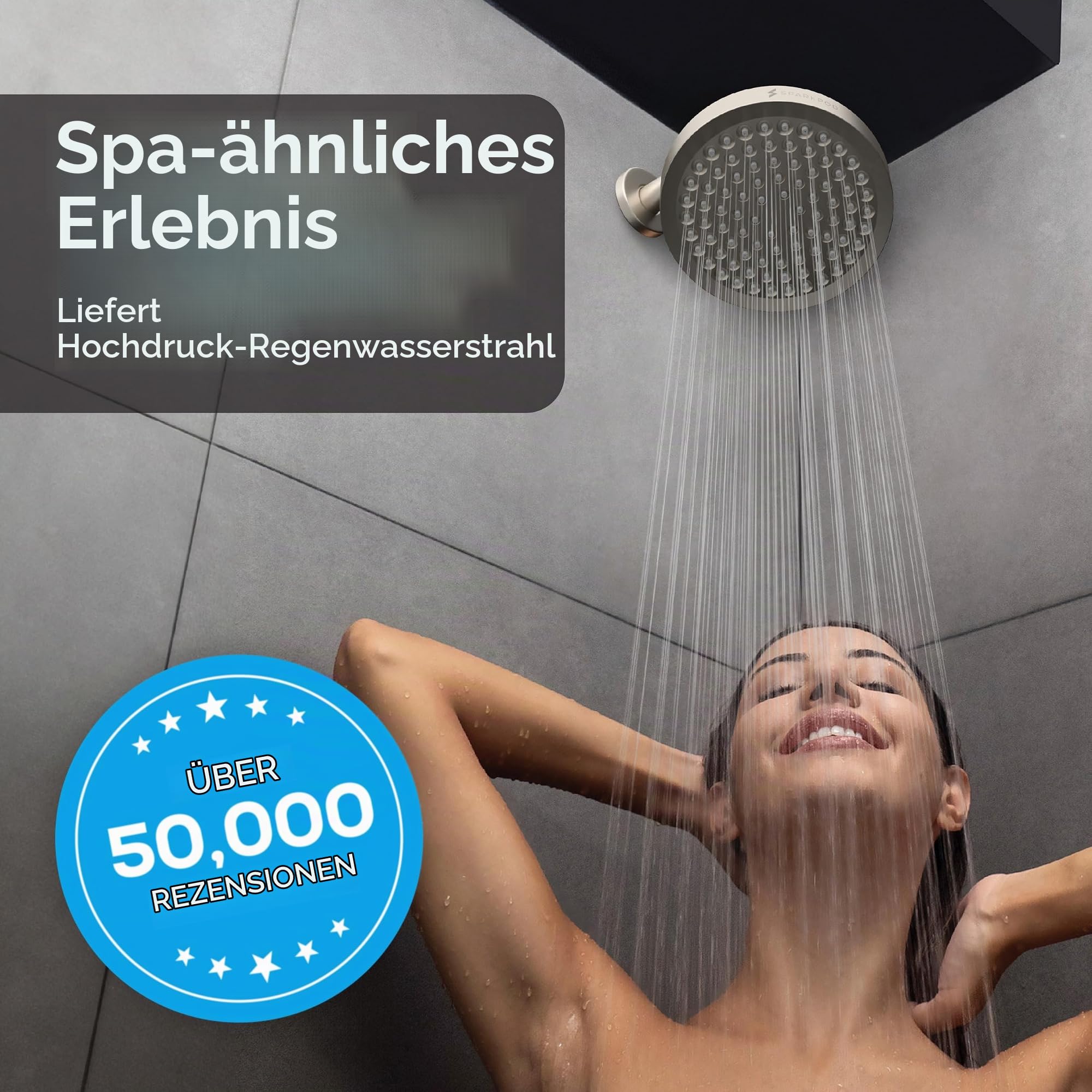 SparkPod Feststehender Duschkopf - Rund Groß Mit Hohem Druck - Einfache Werkzeugfreie Installation - Verstellbarer Ersatz - Rain Shower Head - Wasserfall - Nickel Gebürstet