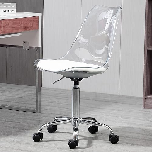 Miniatura 13 de HOMEFUN Silla de escritorio transparente con cojín, sillas rodantes de acrílico sin brazos con pies dorados giratorios, altura ajustable, plástico