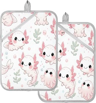 Cute Axolotl 2 pcs Pot Holders for Kitchen, Heat Resistant Oven Hot Pads Set with Pocket Oven Mitts for Baking Cooking, 7x10 in