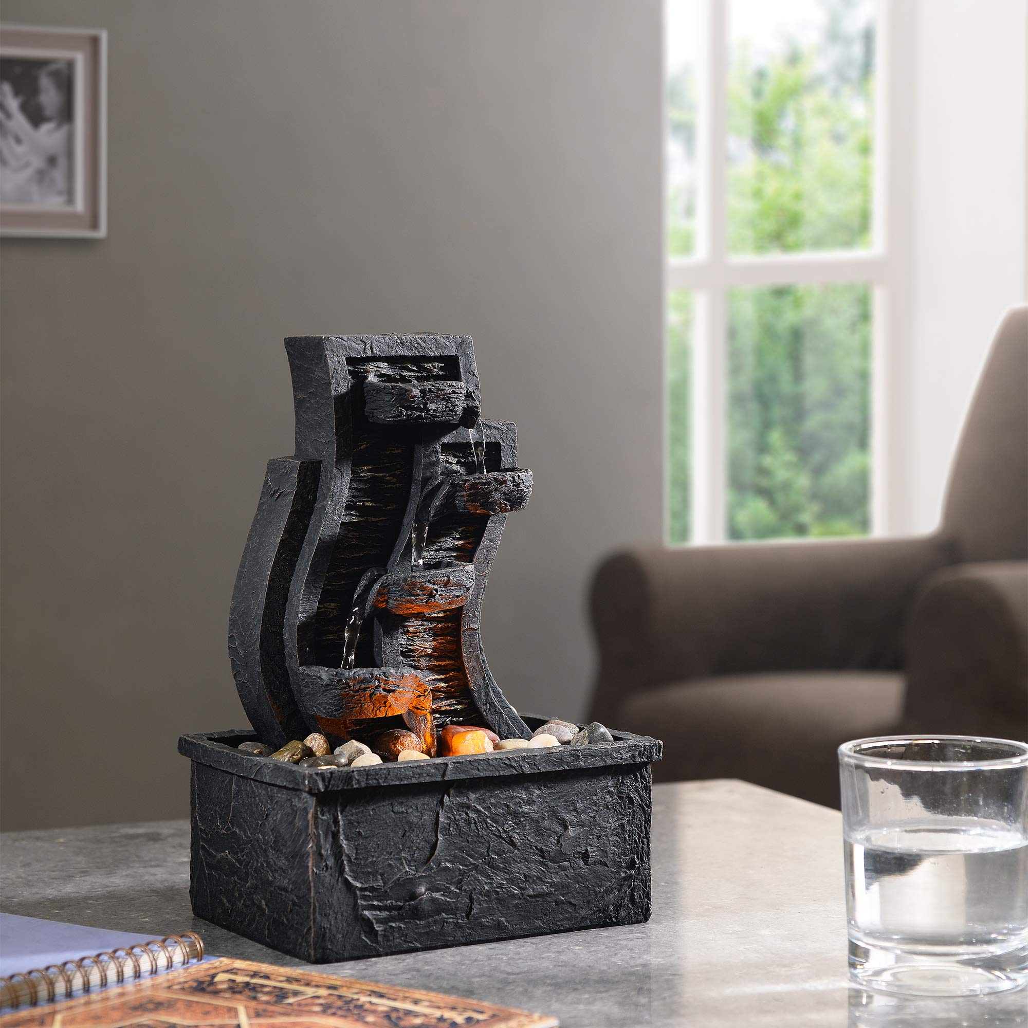 Teamson Home Fontana D'Acqua da Tavolo per Interni, Piccola Mini Fontana d'Acqua Zen, Ornamento Moderno a Cascata da Scrivania con Luci e Pompa, Grigio