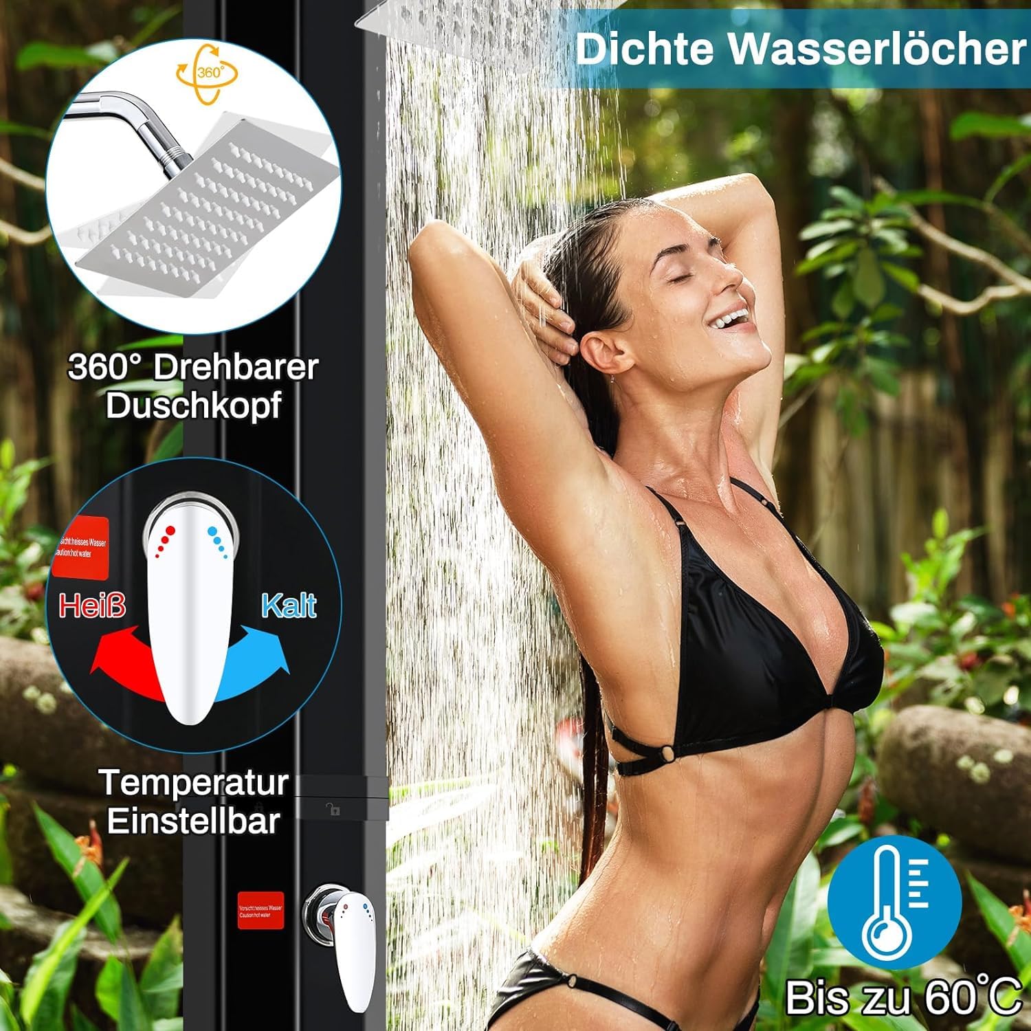 LIFERUN Prysznic solarny, prysznic ogrodowy z głowicą prysznicową 360°, kranem, przyłączem węża ogrodowego i osłoną ochronną, prysznic basenowy, na kemping, ciepła woda, do 60°C, bez przyłącza prądu