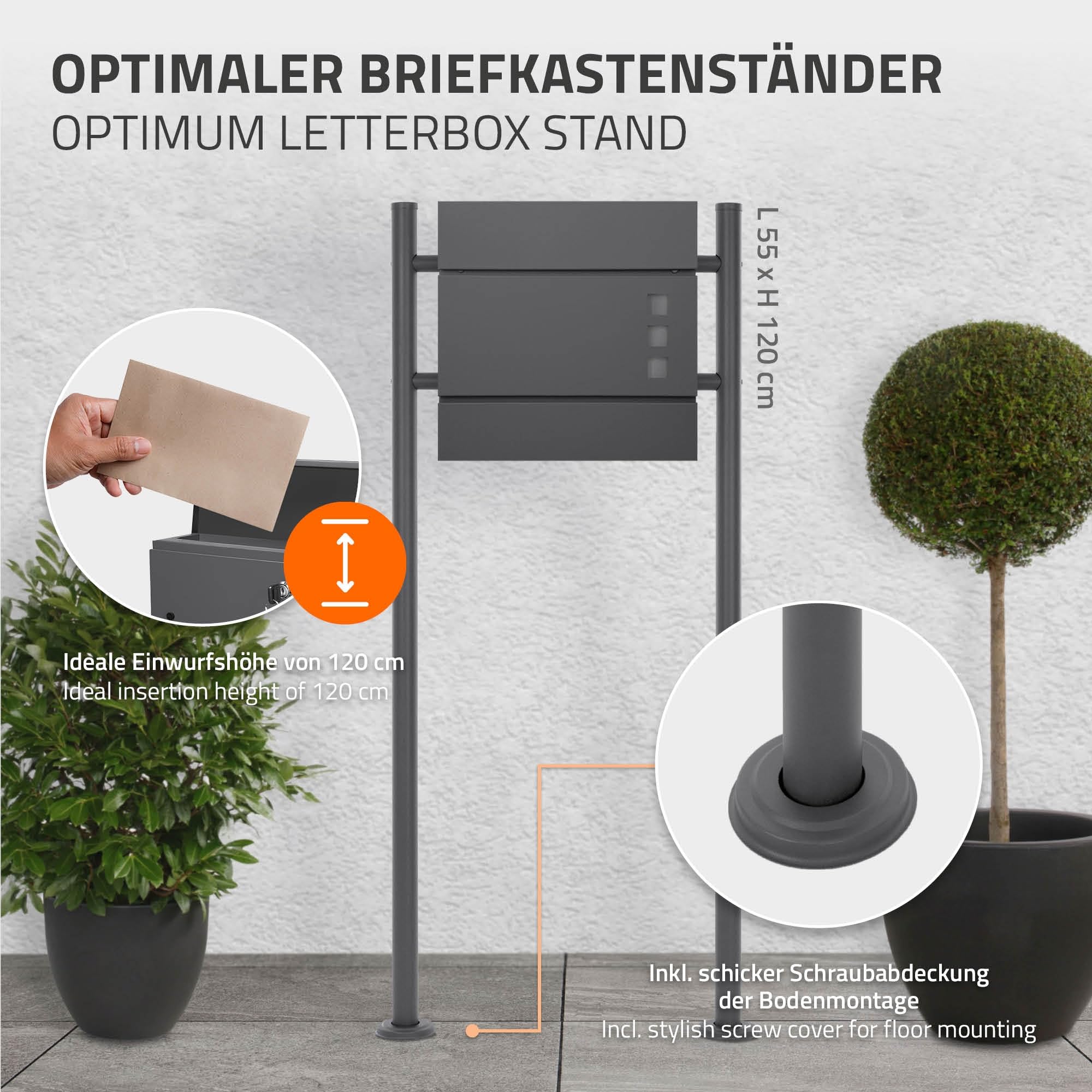 ML-Design Soporte Poste para Buzón de Correos de Acero Inoxidable con Recubrimiento de Polvo, Antracita, Altura 120 cm, Barras Redondas, Anclable en el Suelo con 6 Tornillos Diseño Moderno para Hogar
