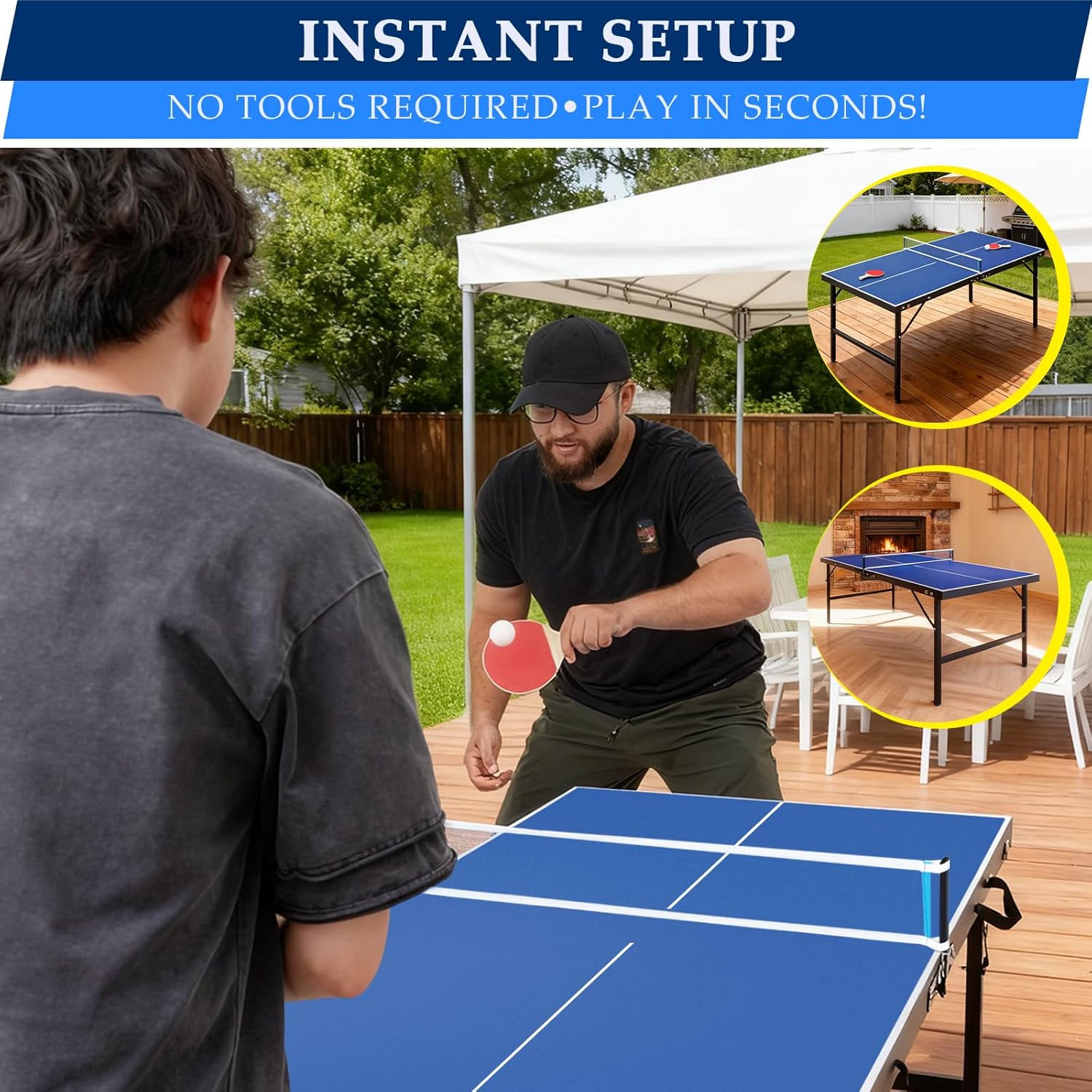 5FT/9FT Portable Ping Pong Table, Table Tennis Game Set with Quick Clamp Ping Pong Net, Indoor Regulation Size Foldable Table Tennis Tables w/ 2 Paddles, 2 Balls, Quick Assembly