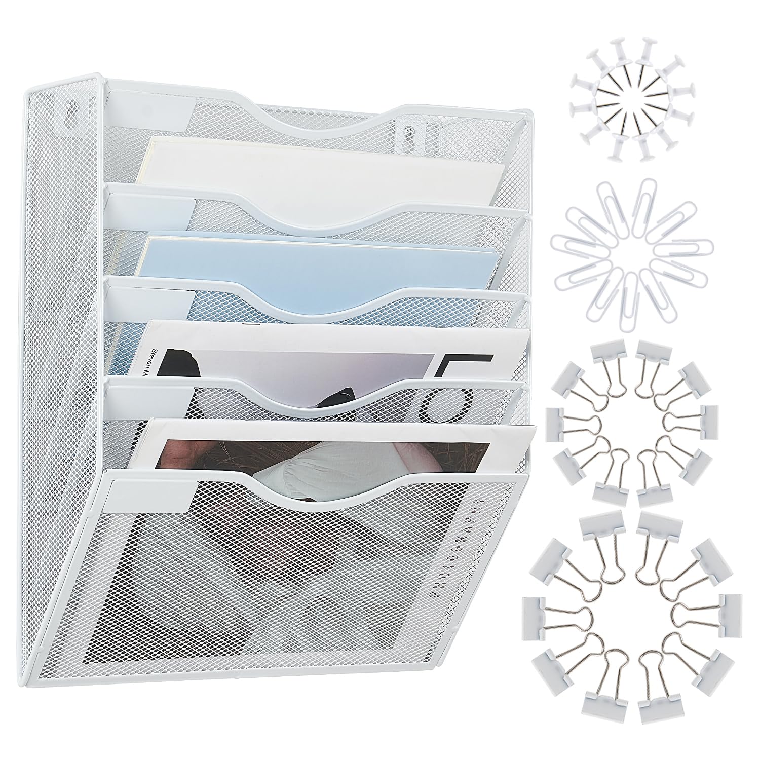 LEKETREE Hängeregal mit 5 Fächern, Netzstoff, Wandmontage, Briefablagen, vertikaler Dokumentenmappenhalter, Zeitschriftenorganisation, Aufbewahrungsregal mit Büroklammern für Büro, Zuhause, Schule