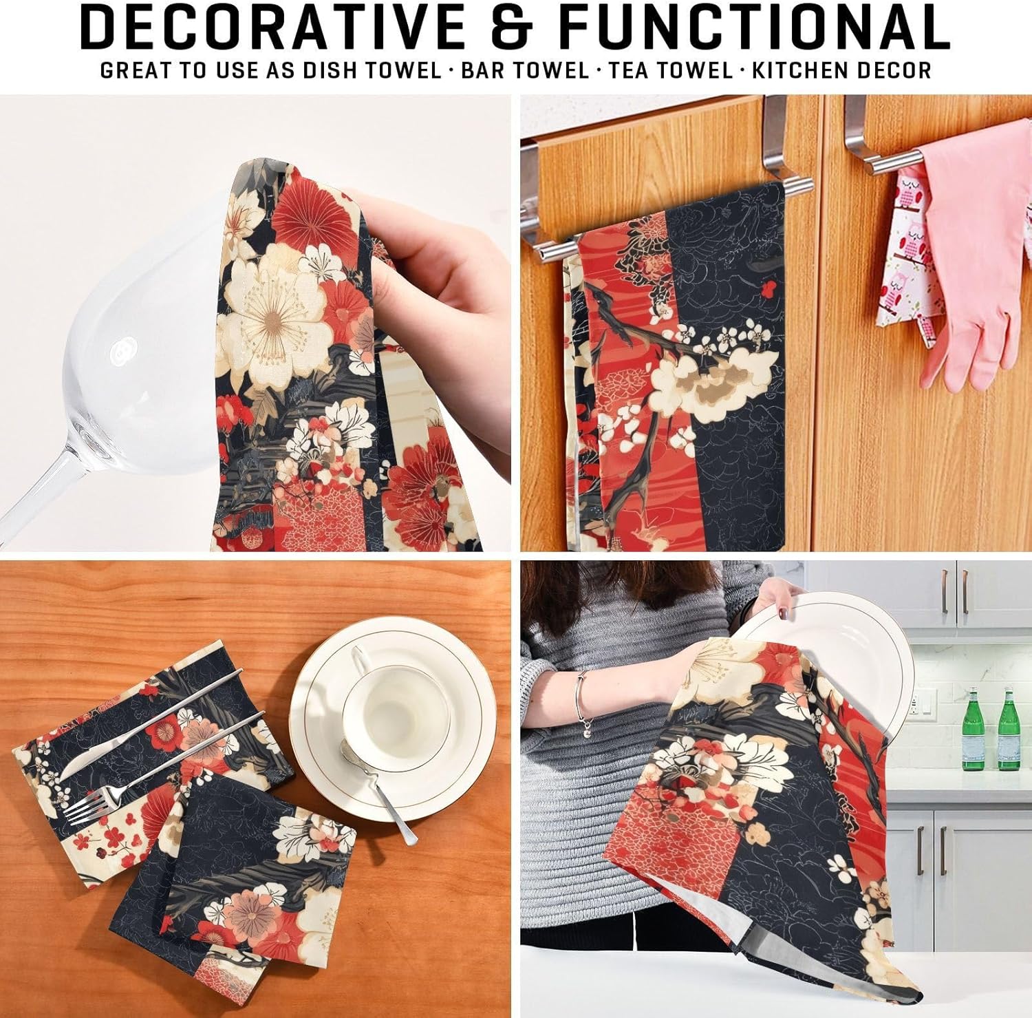 Japanese Traditional Floral Kitchen Dish Towels - 6 Pack, 18x28 Inch Soft Absorbent Quick-Drying Kitchen Towels for Dish Cleaning and Hand Wiping - Image 7