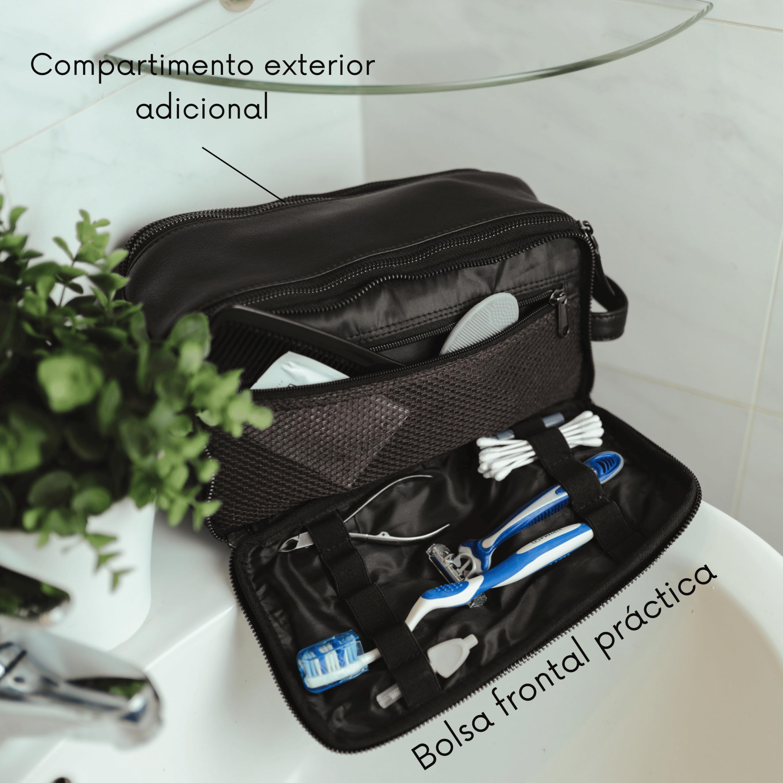 Baur Neceser de piel auténtica | Neceser espacioso y organizador | Piel de vacuno negra, Bolsa de cuero unisex para hombre y mujer