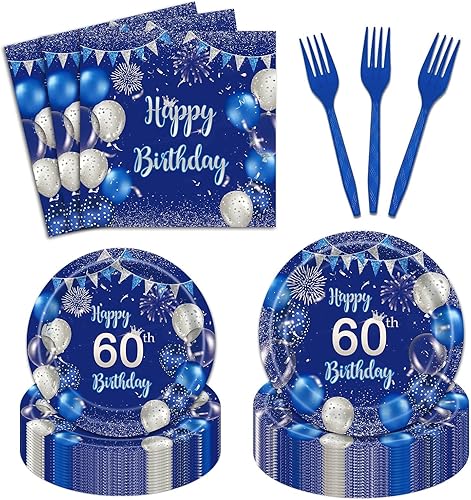 Juego de 96 platos azules para fiesta de cumpleaños 60, servilletas, suministros de feliz cumpleaños, color azul marino y plateado, desechables,