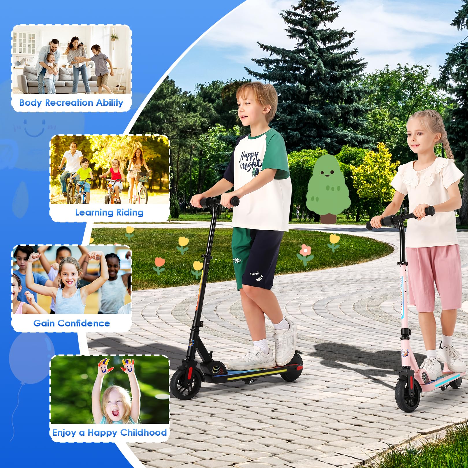 Caroma Patinete E para niños de 6 a 14 años, Motor de 150 W/180 W, 16 km/h, 80 Minutos de Tiempo de conducción, Velocidad y Altura Ajustables, Luces Coloridas, indicador LED, Scooter eléctrico