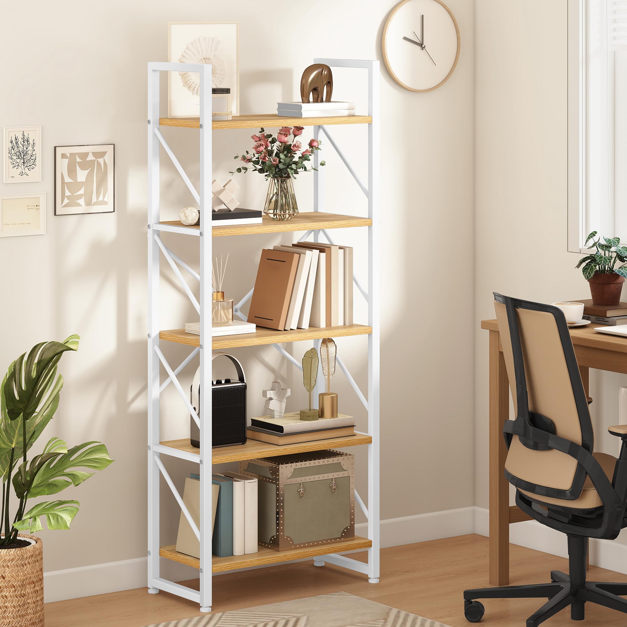 DWVO 5 Tiers Book Shelf, Wood and Metal Bookcase Storage Organizer, Industrial Bookshelf Tall Shelving Unit Display Rack for Living Room Kitchen Bedroom, White and Oak Book Rack — image 1