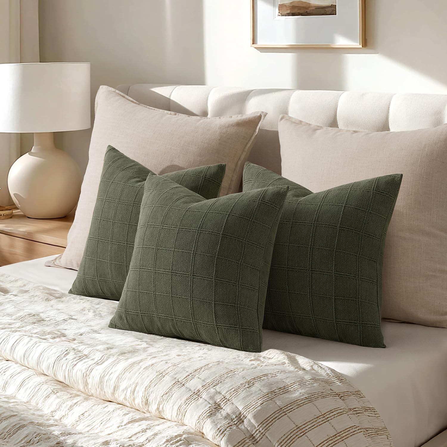 Woaboy Linen Check Throw Pillow Covers Set of 2 - Olive Green Farmhouse Modern Boho Vintage Decorative Cushion Covers Spring Home Decor for Sofa Couch Bedroom Living Room 18x18 Inch - Image 8