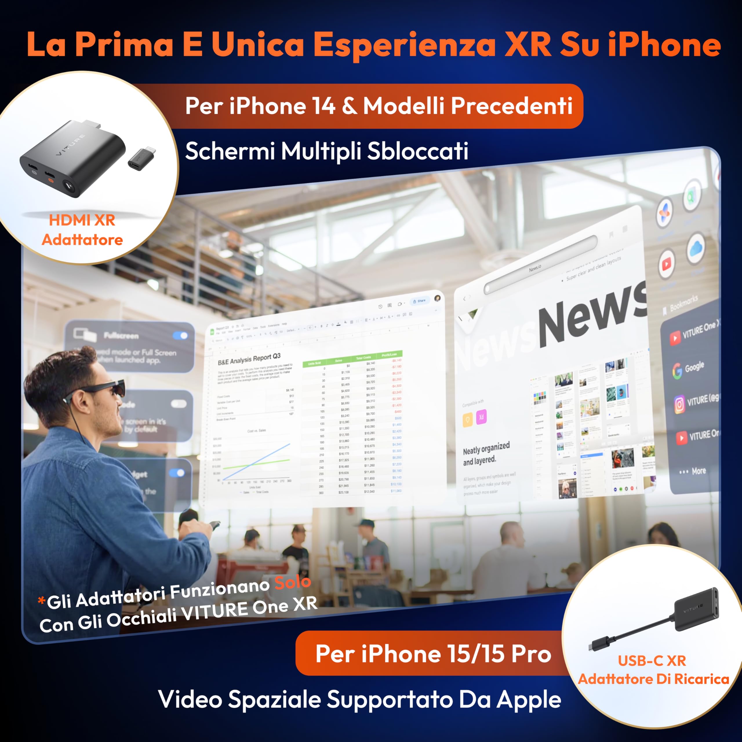 VITURE Adattatore HDMI XR per iPhone 14 e modelli precedenti, abilitazione di video 3DoF/VR multischermo/migliorati, durata della batteria 2,8 ore, ricarica durante la riproduzione, riproduzione