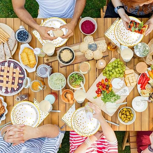 Miniatura 7 de Suministros de fiesta de papel blanco y dorado, 200 platos de papel blanco, servilletas y tazas, platos de papel de aluminio con borde dorado de